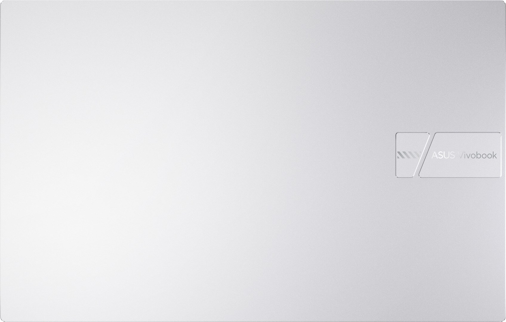 A white laptop lid with the ASUS Vivobook logo in the corner. The lid has a smooth surface. The logo is gray.