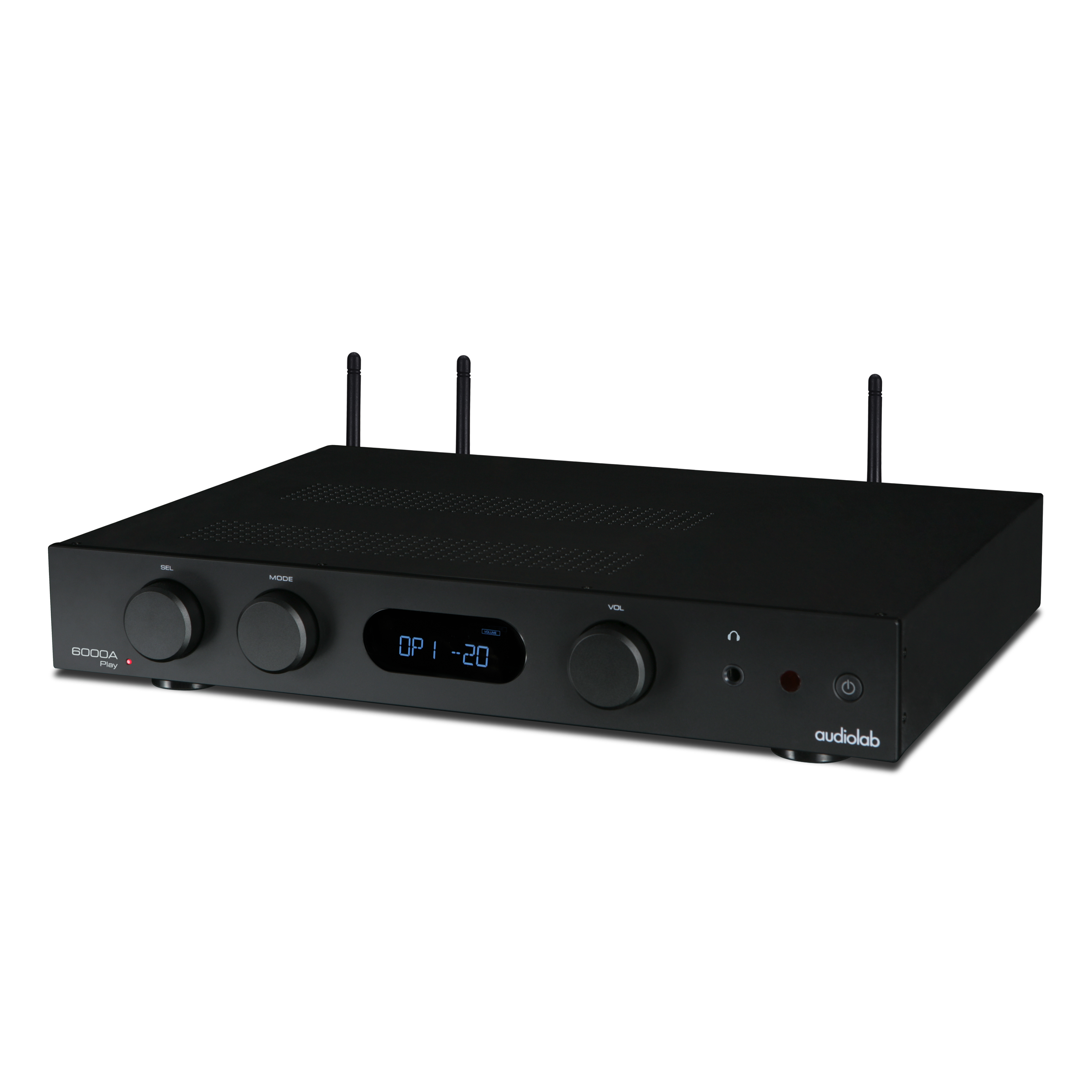 Zwarte audioversterker met knoppen, display en antennes. Het merk is Audiolab.