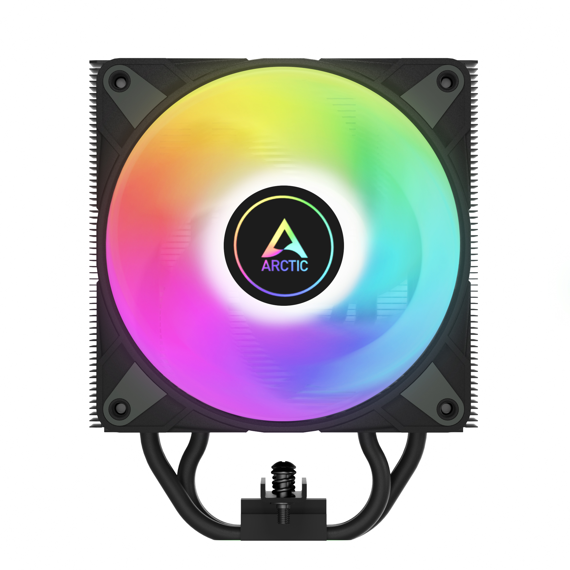 A computer CPU cooler with a fan. The fan has a rainbow gradient and the Arctic logo in the center.