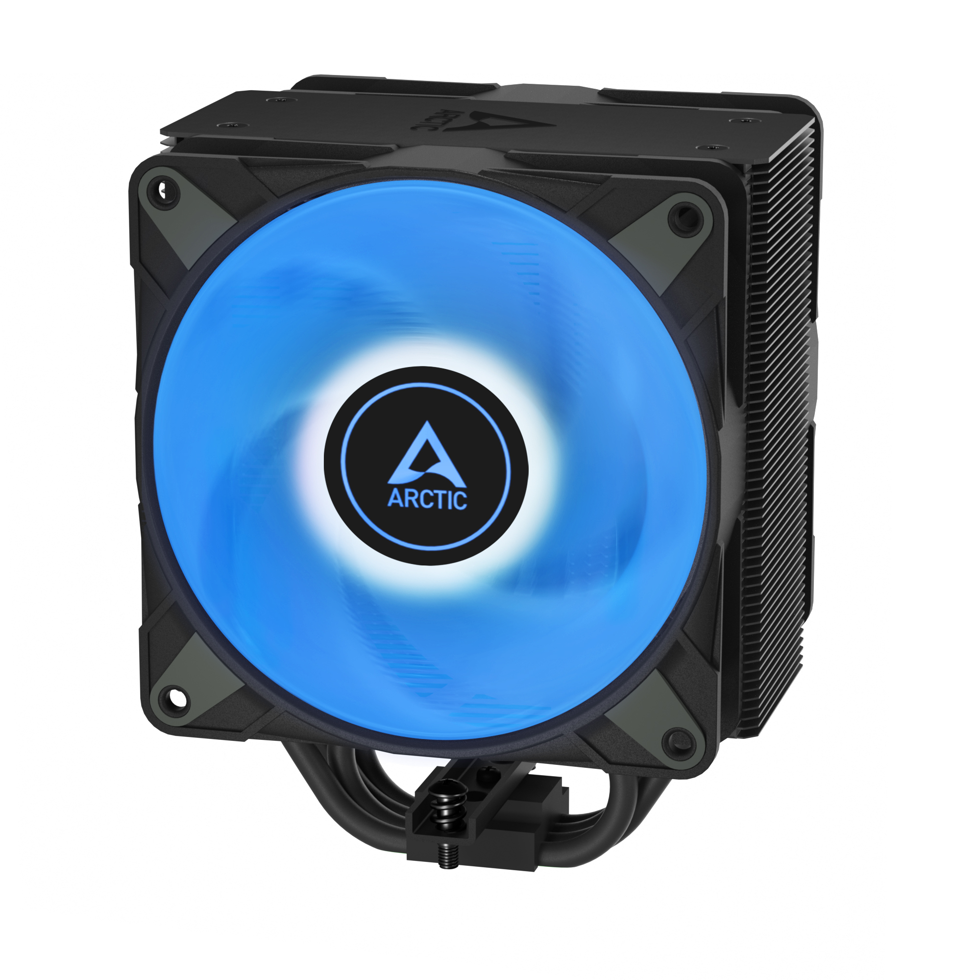 A computer CPU cooler with a blue illuminated fan and black heatsink, set against a white backdrop.
