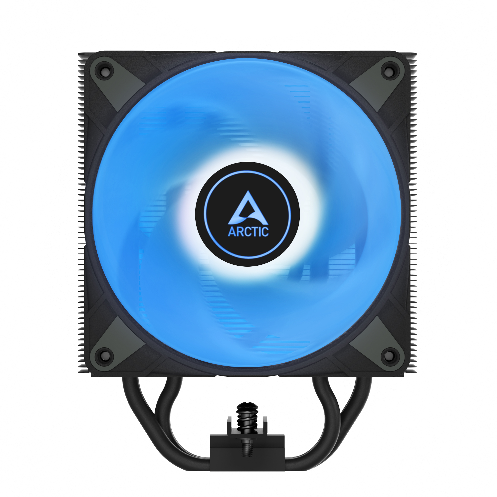 A computer CPU cooler with a blue illuminated fan. It has a black frame, metal fins, and the Arctic logo.