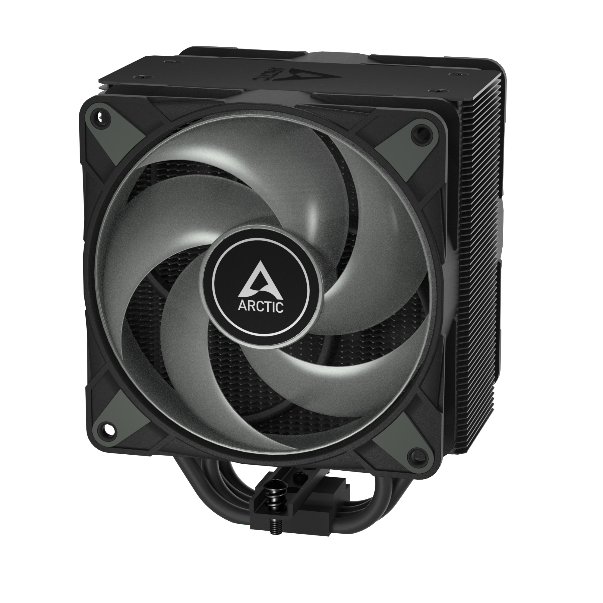 A computer CPU cooler with a fan. It has black and gray colors.