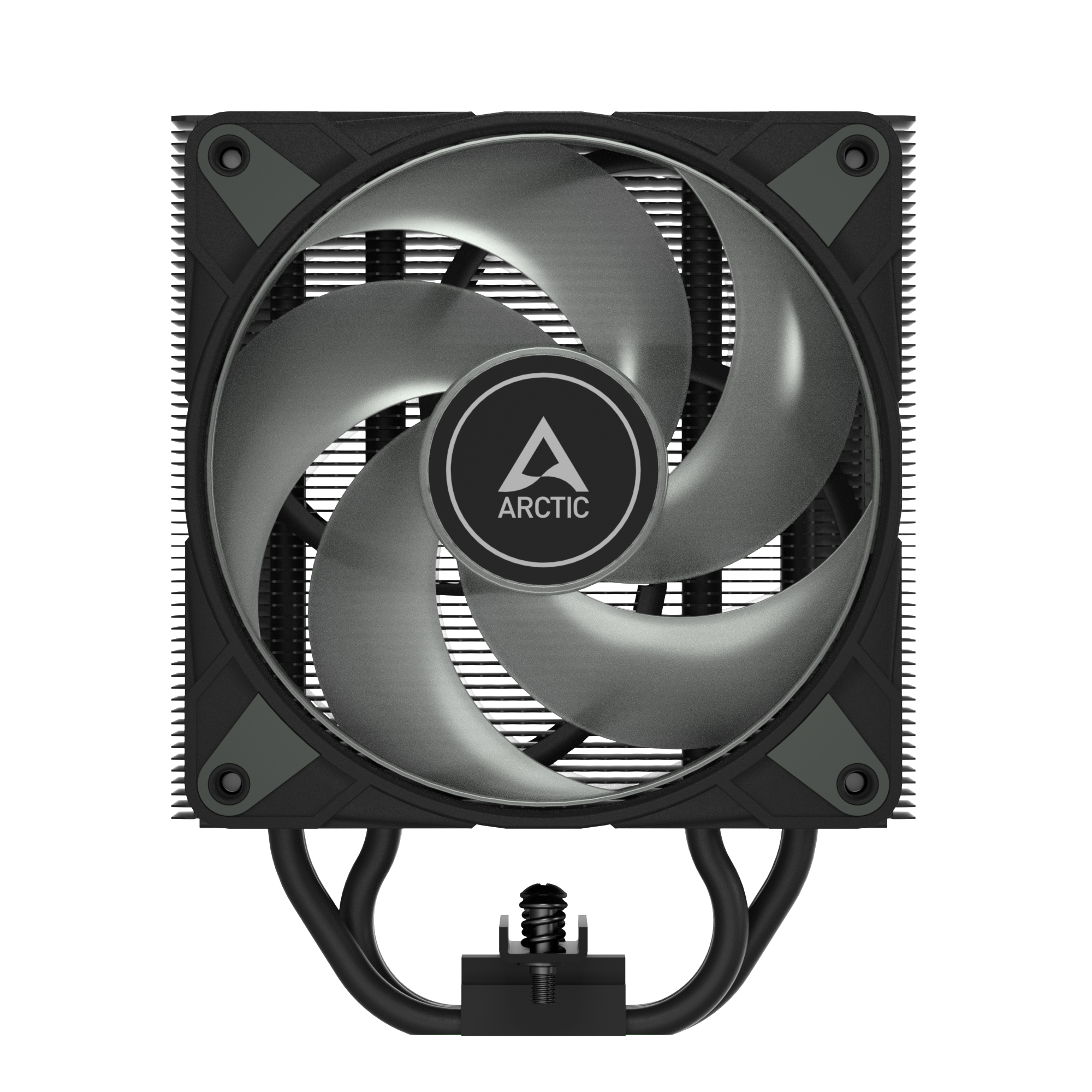 A computer CPU cooler with a black frame, gray fan blades, and the Arctic logo in the center.