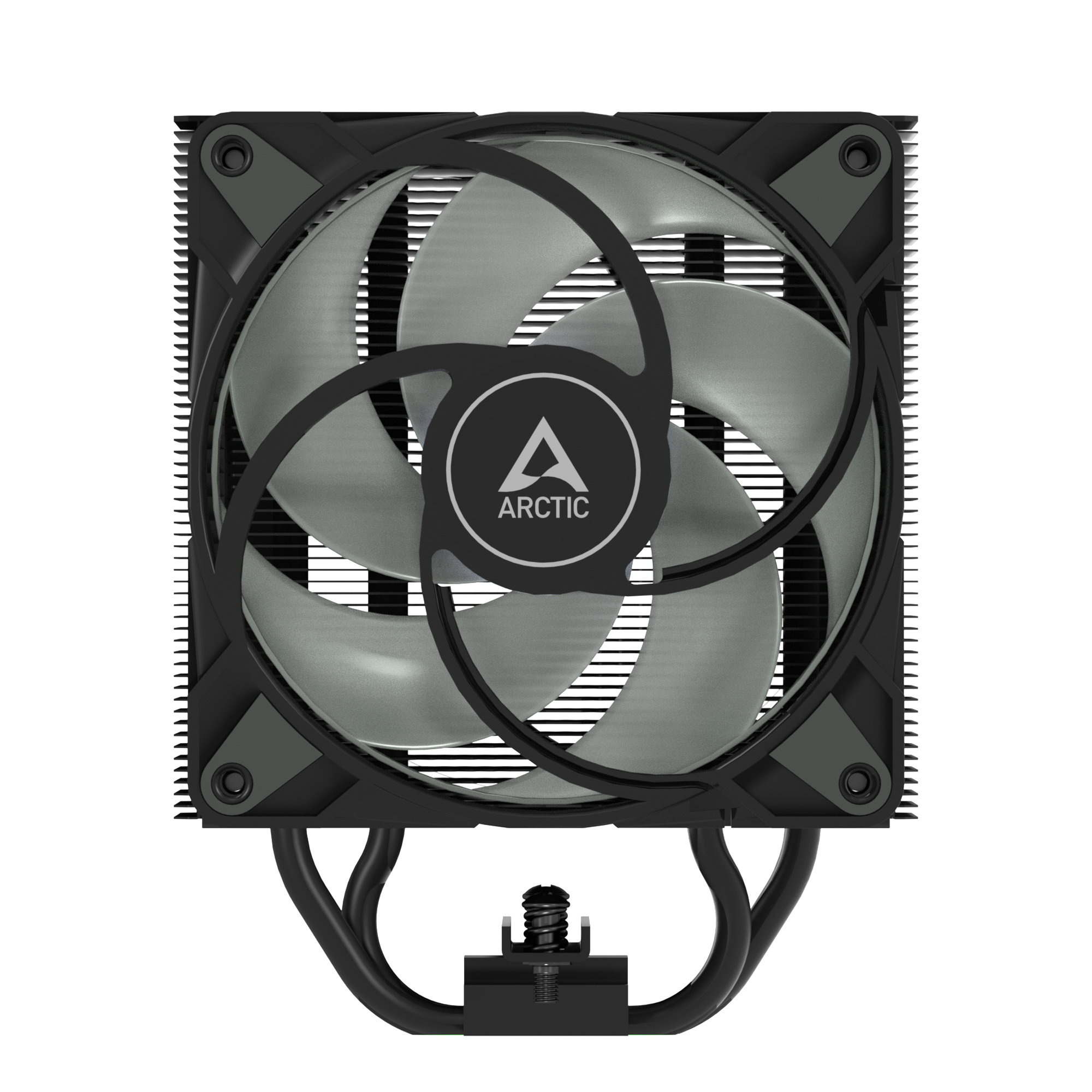 A computer CPU cooler. It has a fan with gray blades inside a black frame. The brand is Arctic. Background is white.