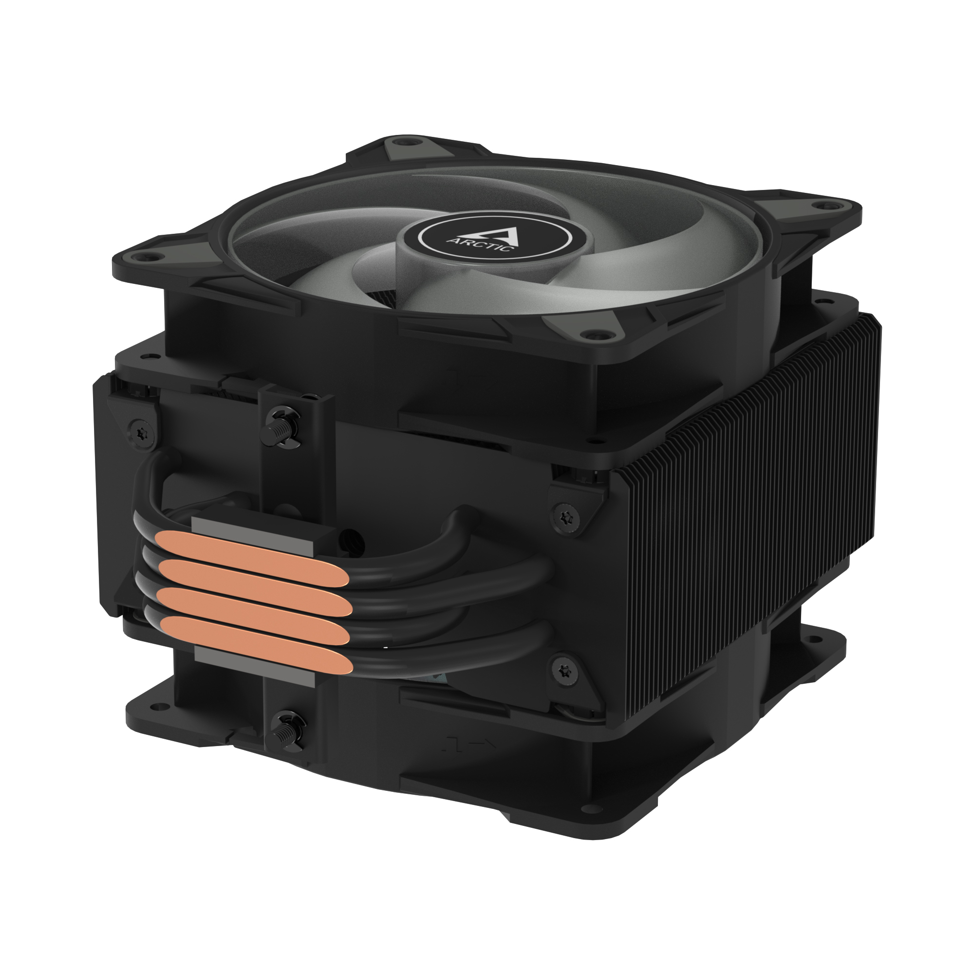 A black and grey CPU cooler with a fan. Copper heat pipes are visible. The brand name is Arctic.