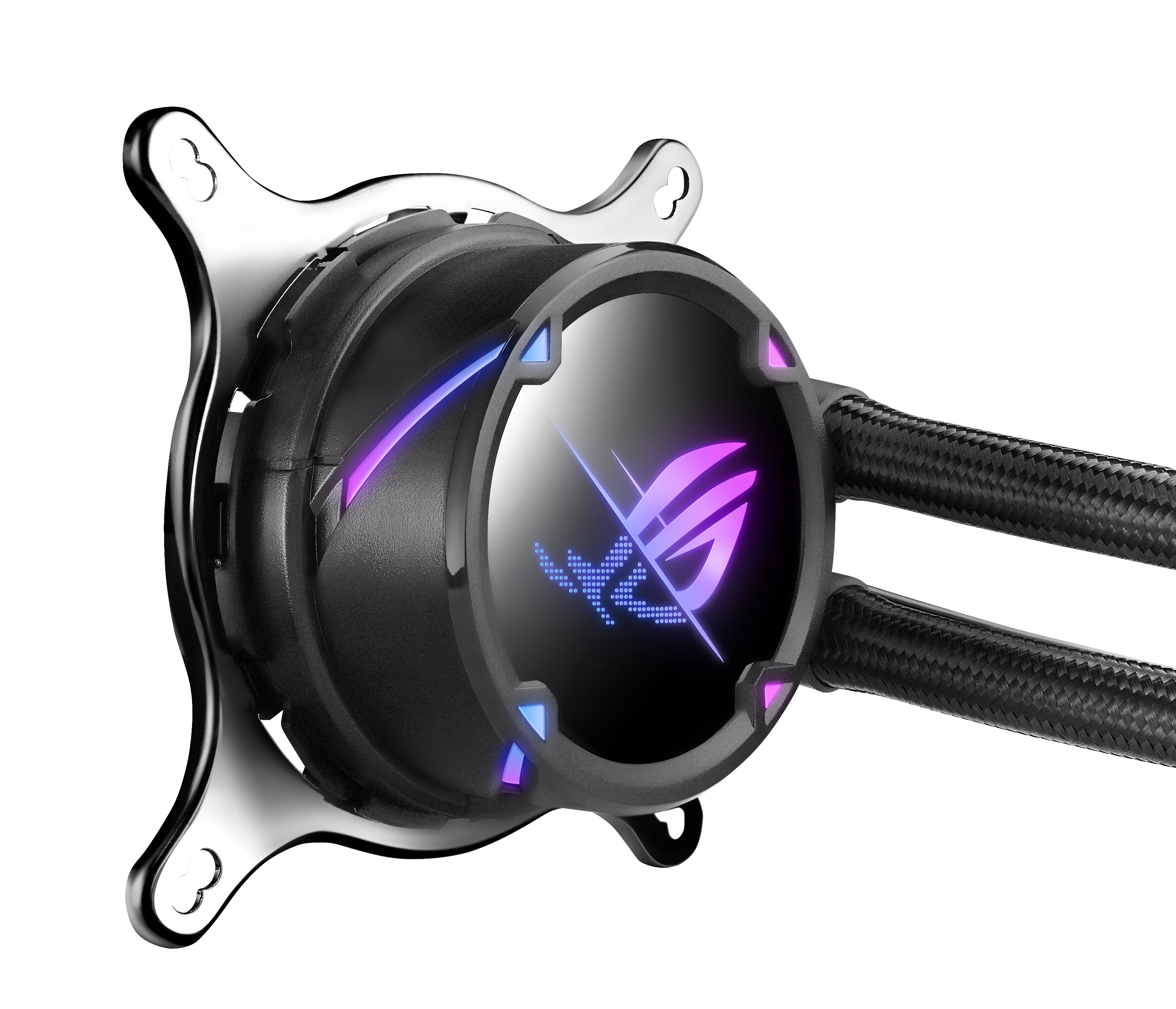 A computer liquid cooler with a black and silver design. It has a circular central unit with an illuminated logo.