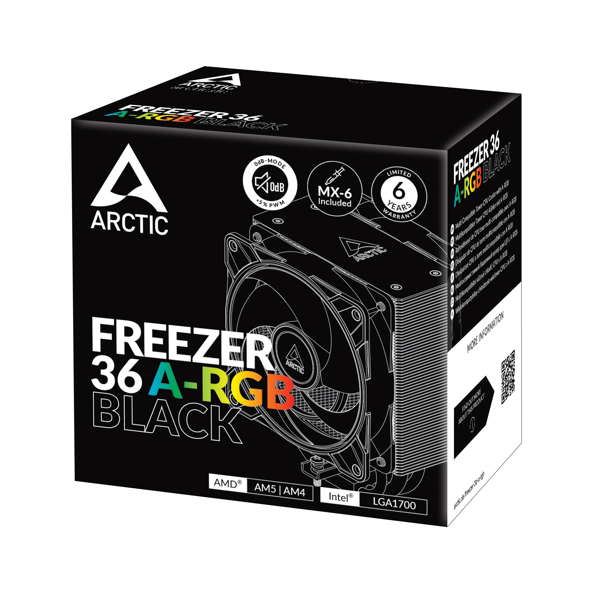 Black box with ARCTIC Freezer 36 A-RGB cooler. Features include a fan, warranty info, and cooler details.