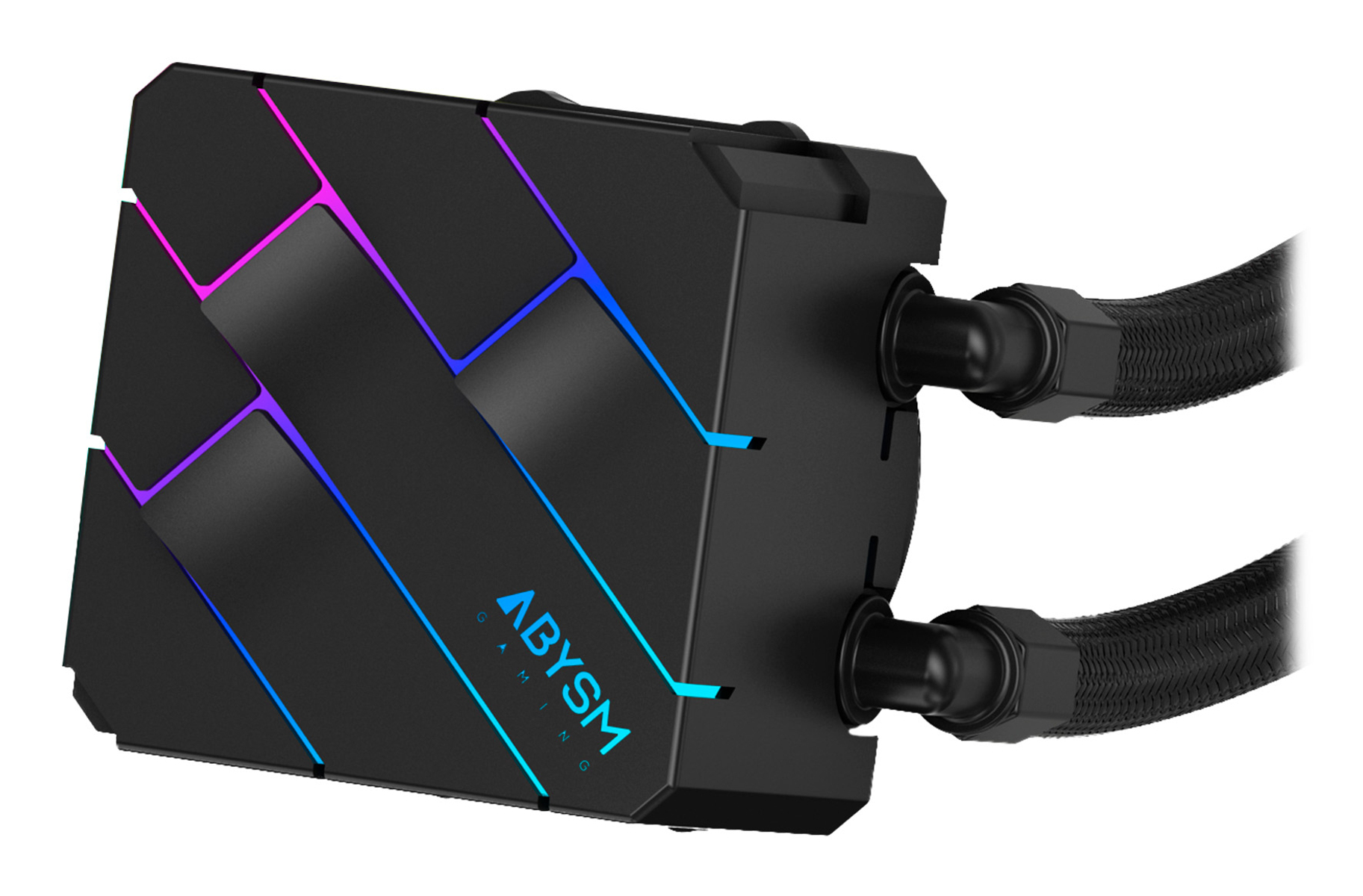 Un dissipatore a liquido per computer nero con illuminazione RGB e tubi. Il dissipatore ha il marchio ABYSM GAMING.