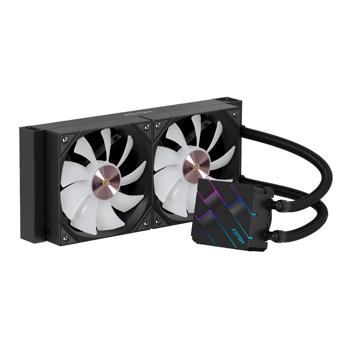 Sistema di raffreddamento per computer nero con due ventole e una pompa, collegate da tubi. Le ventole hanno pale bianche e centri color rame.