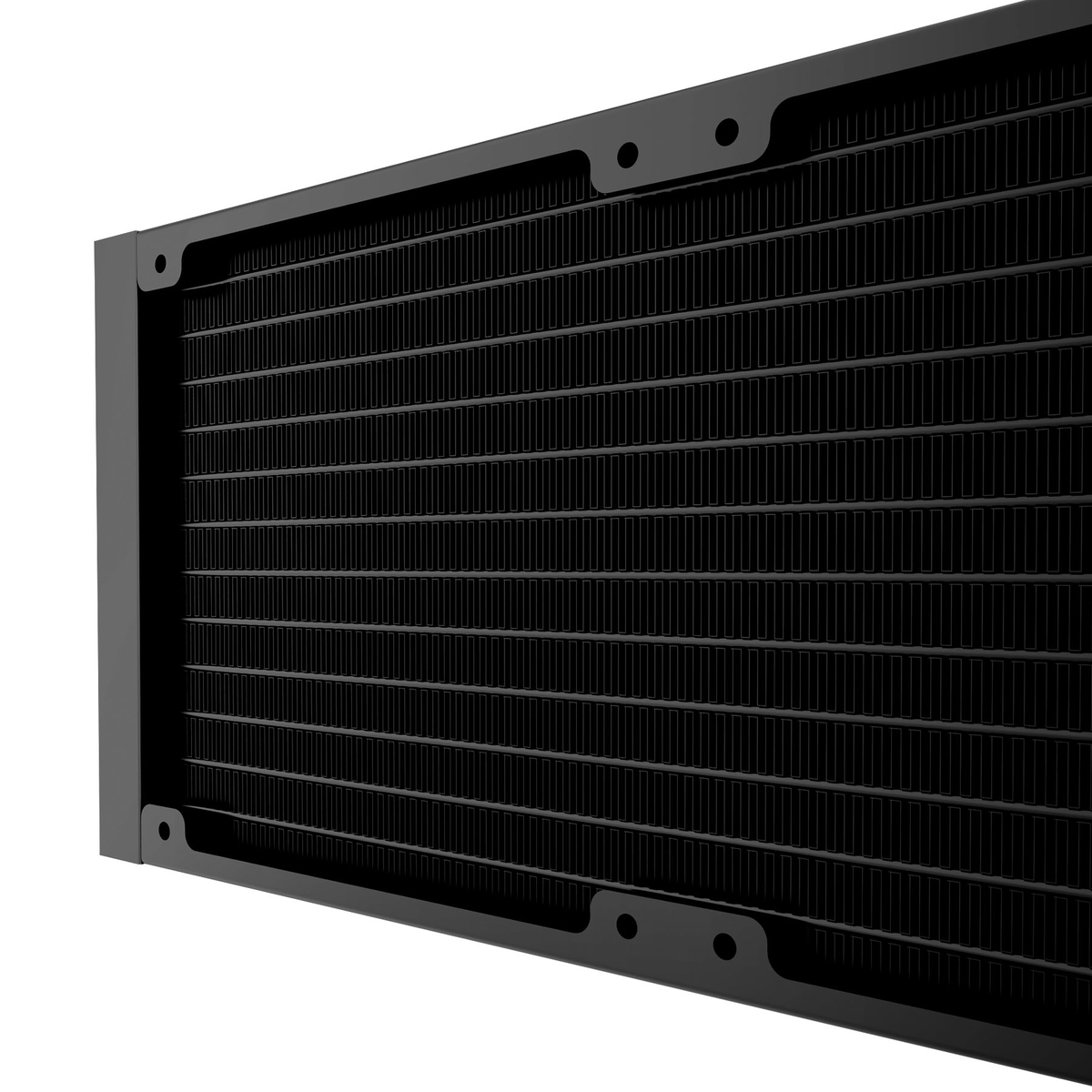 Un primo piano di un radiatore nero con un motivo a griglia. Ha una cornice rettangolare con fori di montaggio. Lo sfondo è bianco.