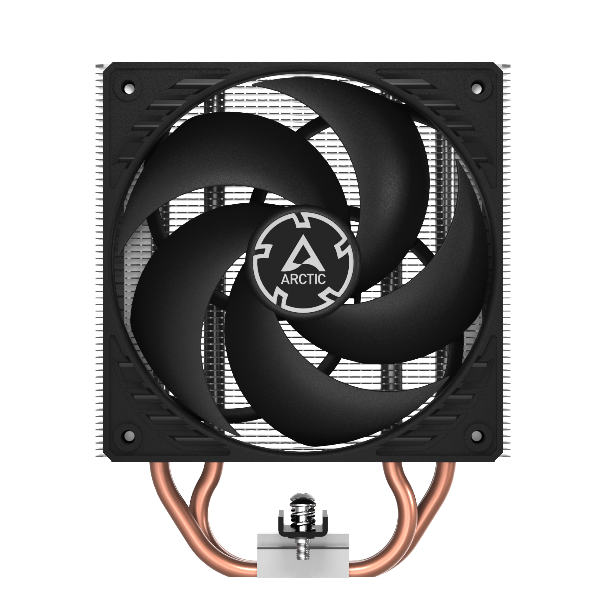 A CPU cooler with a black fan and heat sink. Copper pipes and the Arctic logo are visible.