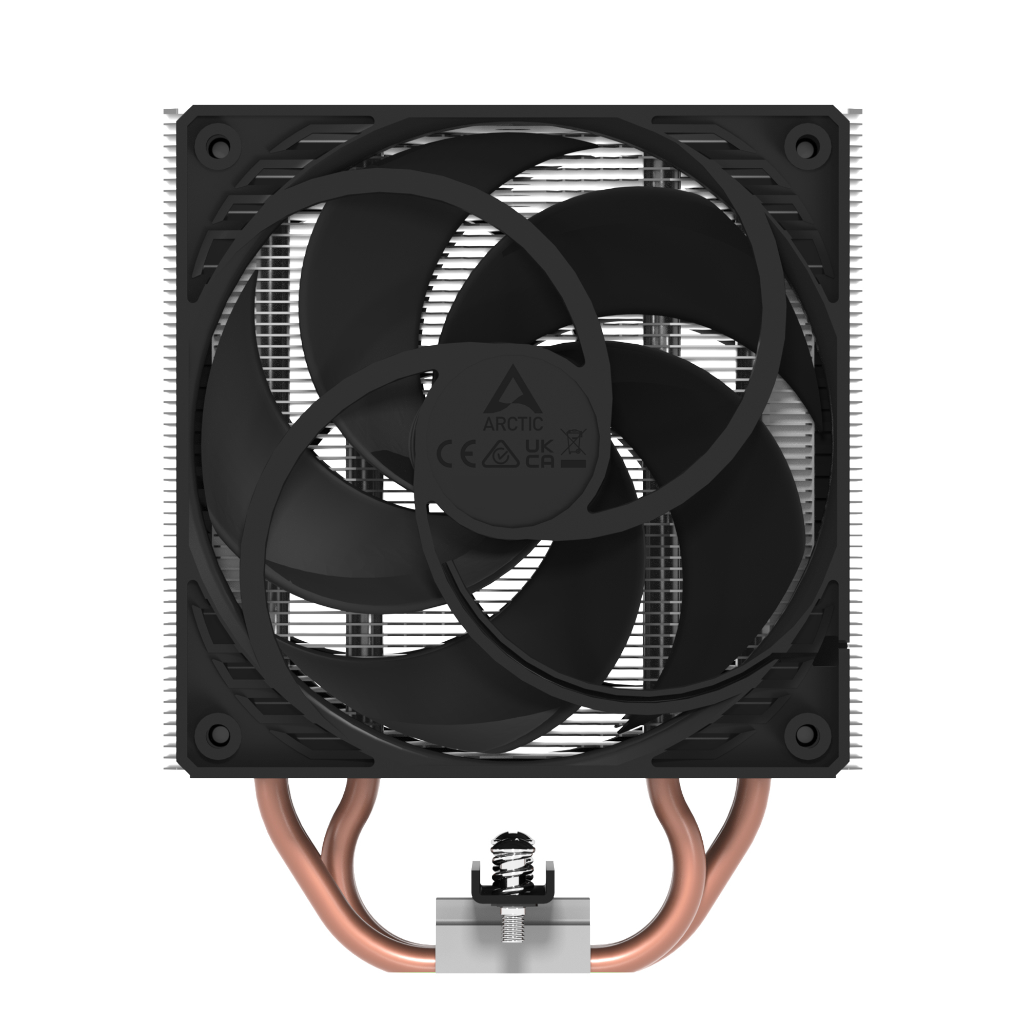 A CPU cooler with a black fan, silver heatsink, and copper heat pipes. The Arctic brand is visible.