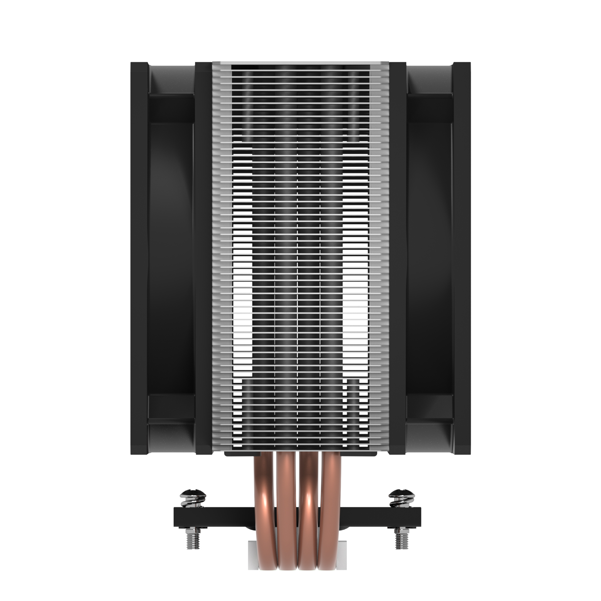 A computer CPU cooler. It has black fins, silver heat sinks, and copper heat pipes. Screws are at the bottom.