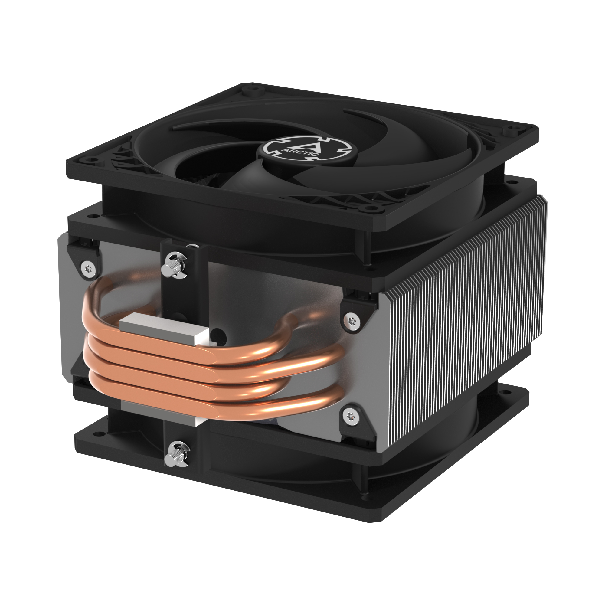 A computer CPU cooler. It has a black fan, copper heat pipes, and a silver heatsink on a black base.