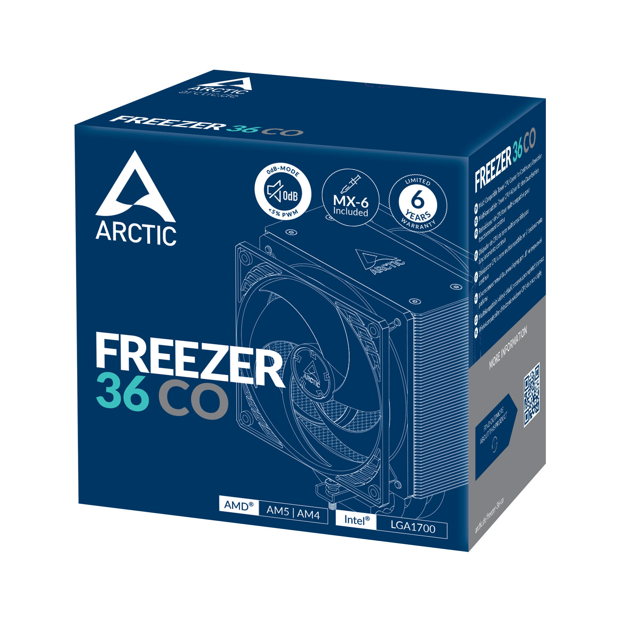 A dark blue box of a CPU cooler with text and logos, including 'ARCTIC' and 'FREEZER 36 CO'.