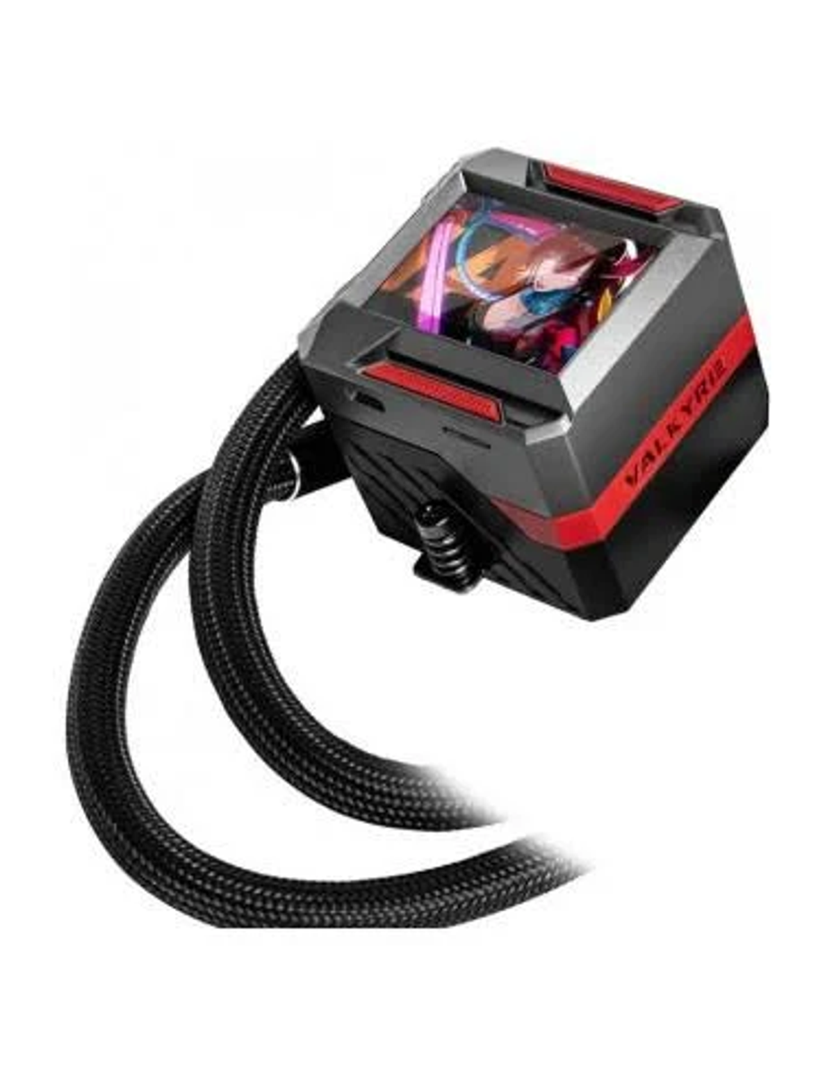 Un enfriador líquido para computadora. Diseño negro y rojo, con dos tubos negros. La parte superior tiene una imagen visible.