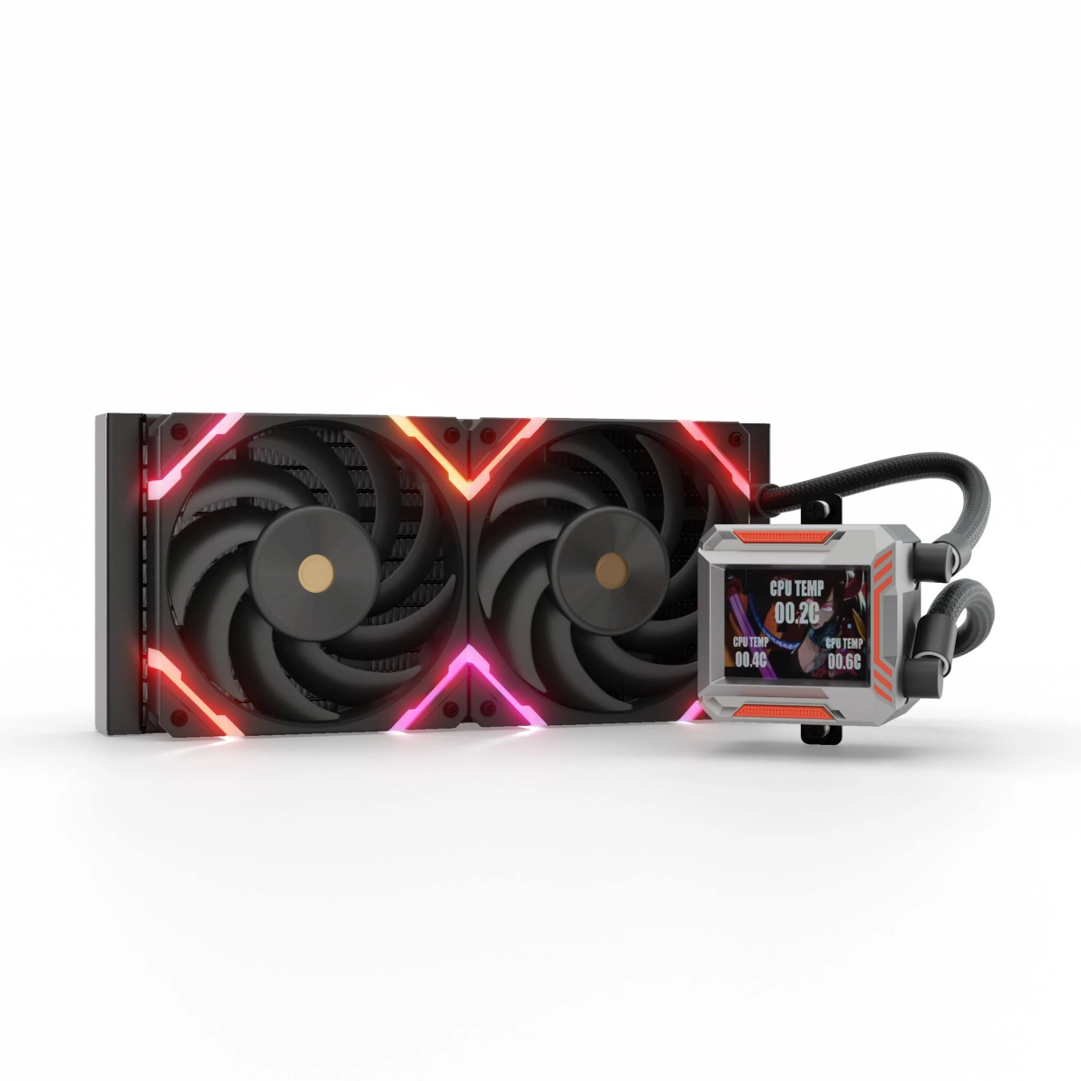 Un enfriador líquido para computadora con ventiladores negros, luces LED y una pantalla digital que muestra las temperaturas de la CPU. Sobre fondo blanco.