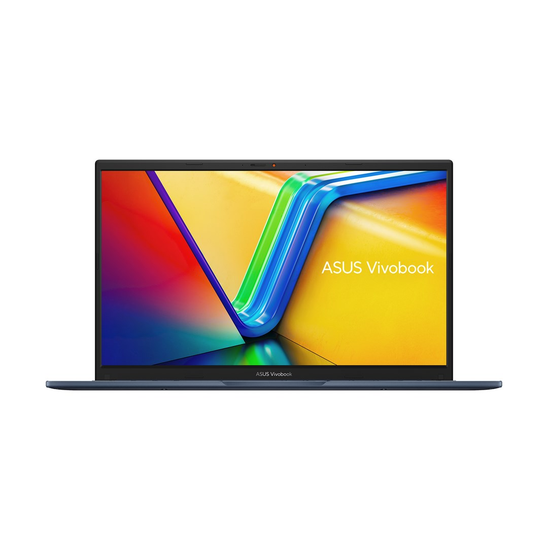 Niebieski laptop ASUS Vivobook jest otwarty. Ekran wyświetla kolorowy wzór. Tło jest białe.