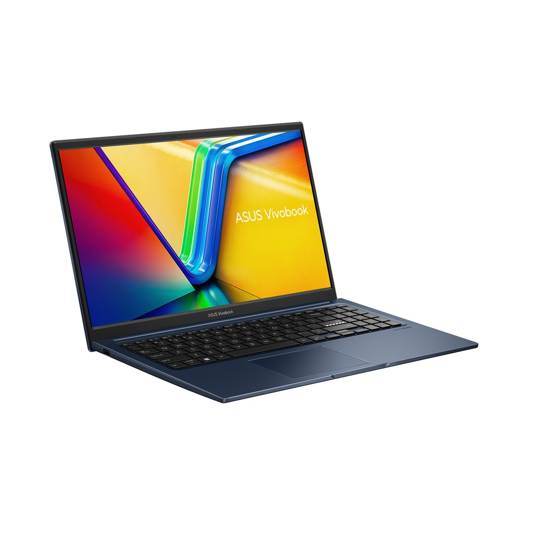 Niebieski laptop ASUS Vivobook jest otwarty i wyświetla kolorowy, abstrakcyjny obraz. Klawiatura jest widoczna, a ekran jest pochylony.