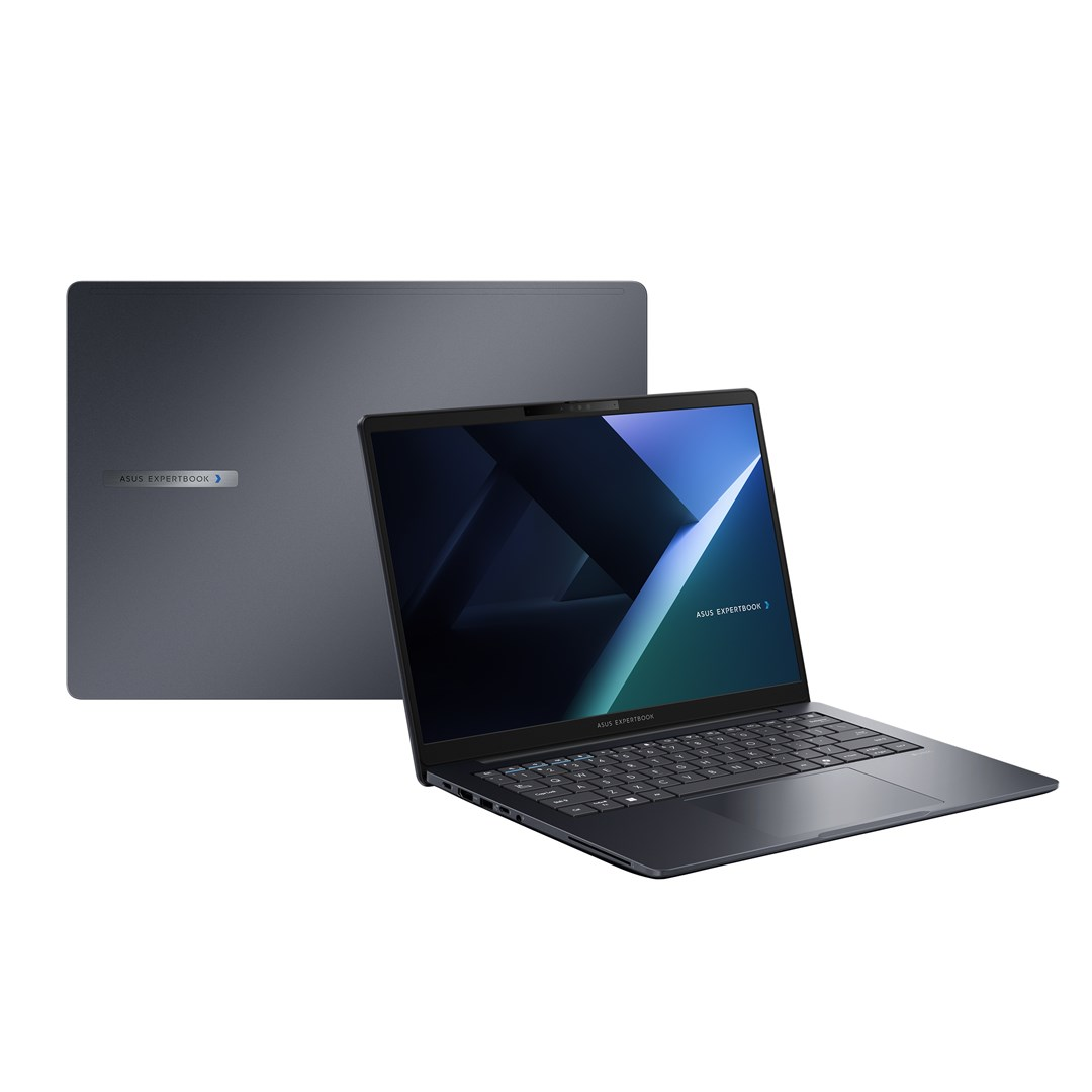 Ciemnoniebieski laptop ASUS ExpertBook. Ekran jest otwarty, wyświetla niebiesko-biały abstrakcyjny wzór. Z tyłu jest inny zamknięty laptop.