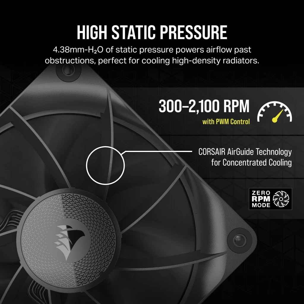 Un ventilateur d'ordinateur avec un design noir et gris. Le texte comprend « High Static Pressure » et « 300-2,100 RPM ».