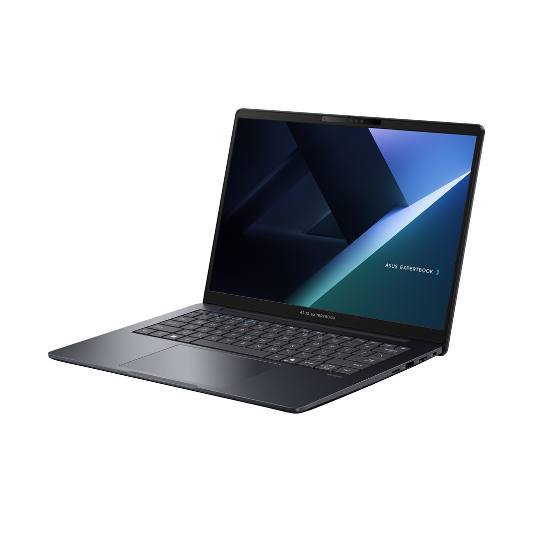 Ciemnoszary laptop ASUS ExpertBook na białym tle. Ekran wyświetla geometryczny niebieski i niebiesko-zielony wzór.