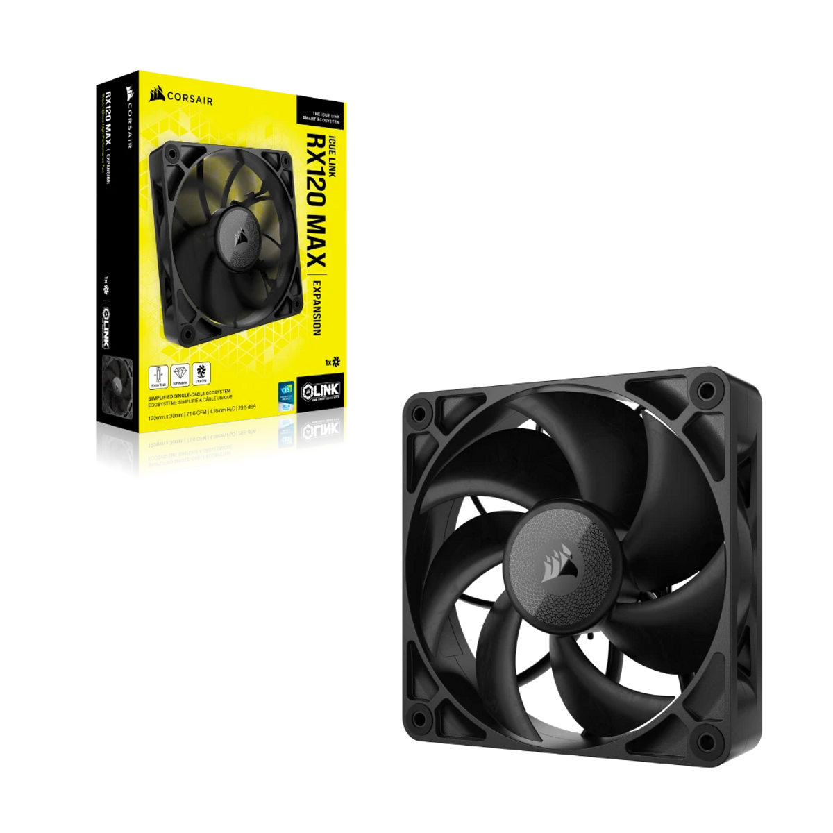 Un ventilador de computadora negro se muestra junto a su caja, que tiene un diseño amarillo y negro. El ventilador tiene un logotipo de Corsair.