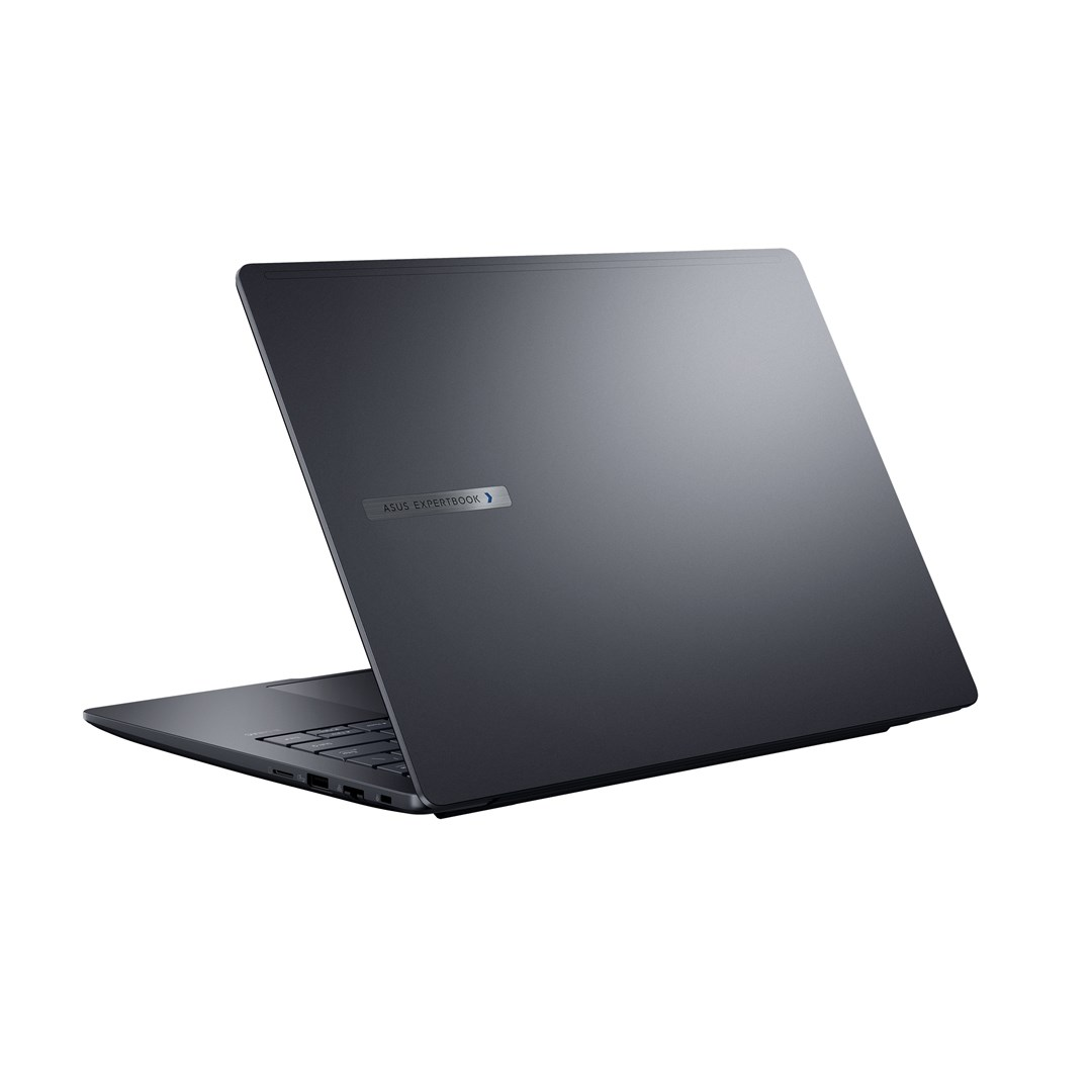 Ciemnoszary laptop ASUS ExpertBook. Pokrywa jest otwarta, odsłaniając klawiaturę. Tło jest białe.