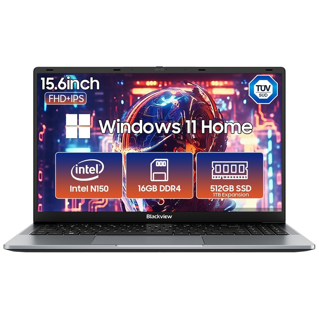 Laptop Blackview z ekranem 15,6 cala, Windows 11 Home, procesorem Intel N150, 16 GB DDR4 i 512 GB SSD.