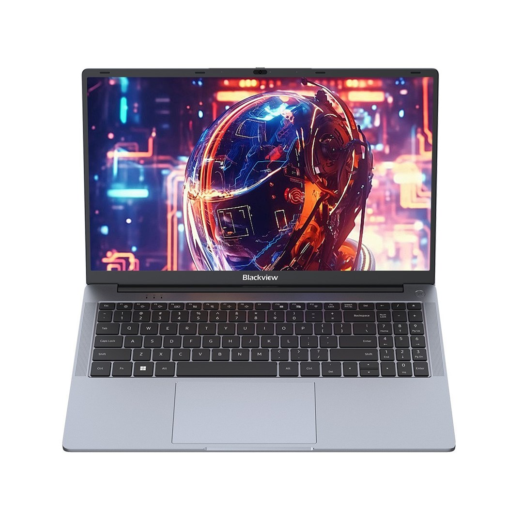 Wyświetlany jest laptop Blackview. Ekran pokazuje futurystyczny obraz. Klawiatura i touchpad są widoczne. Laptop znajduje się na białej powierzchni.