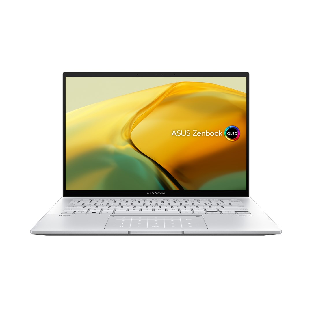 Srebrny laptop ASUS Zenbook. Ekran wyświetla żółto-złoty abstrakcyjny wzór. Klawiatura widoczna. Logo OLED na ekranie.