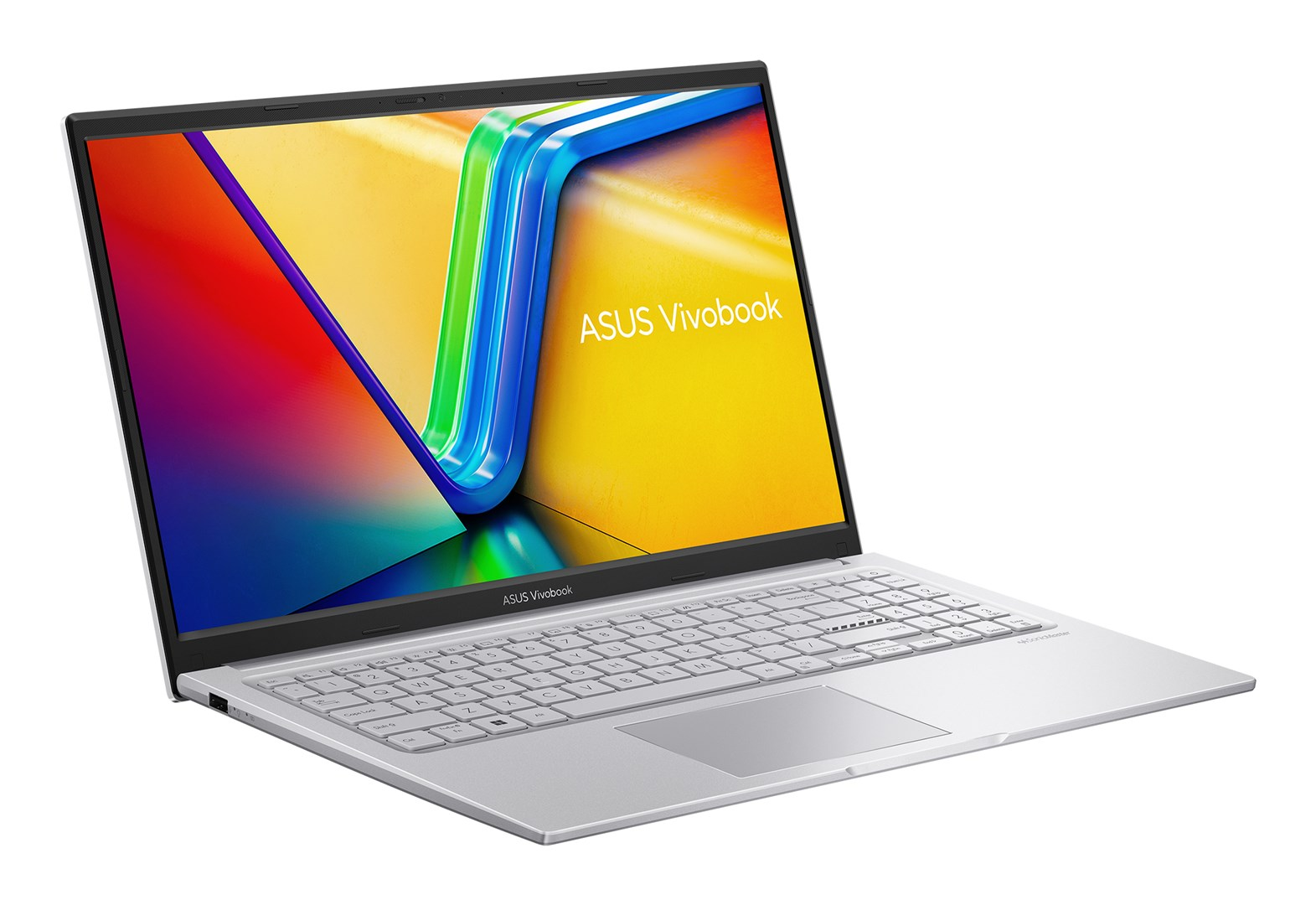 Srebrny laptop ASUS Vivobook jest otwarty. Ekran wyświetla kolorowy obraz. Klawiatura i touchpad są widoczne.