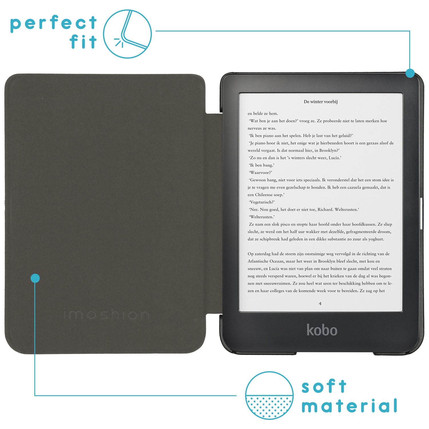 Een e-reader in een grijze hoes is open. Tekst is zichtbaar op het scherm. De hoes is open op een tafel.