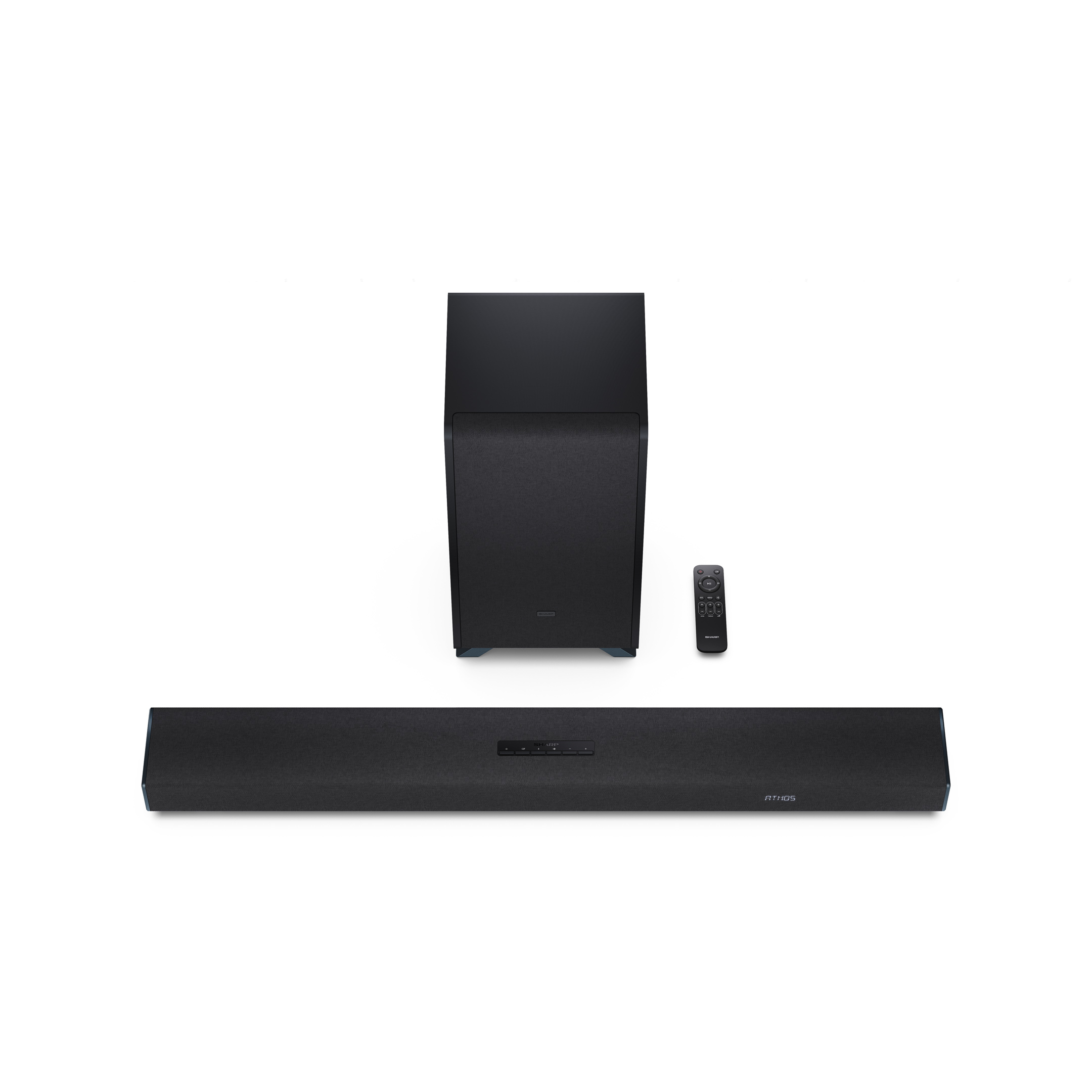 Eine schwarze Soundbar, ein Subwoofer und eine Fernbedienung auf weißem Hintergrund. Auf der Soundbar steht das Wort ATMOS.