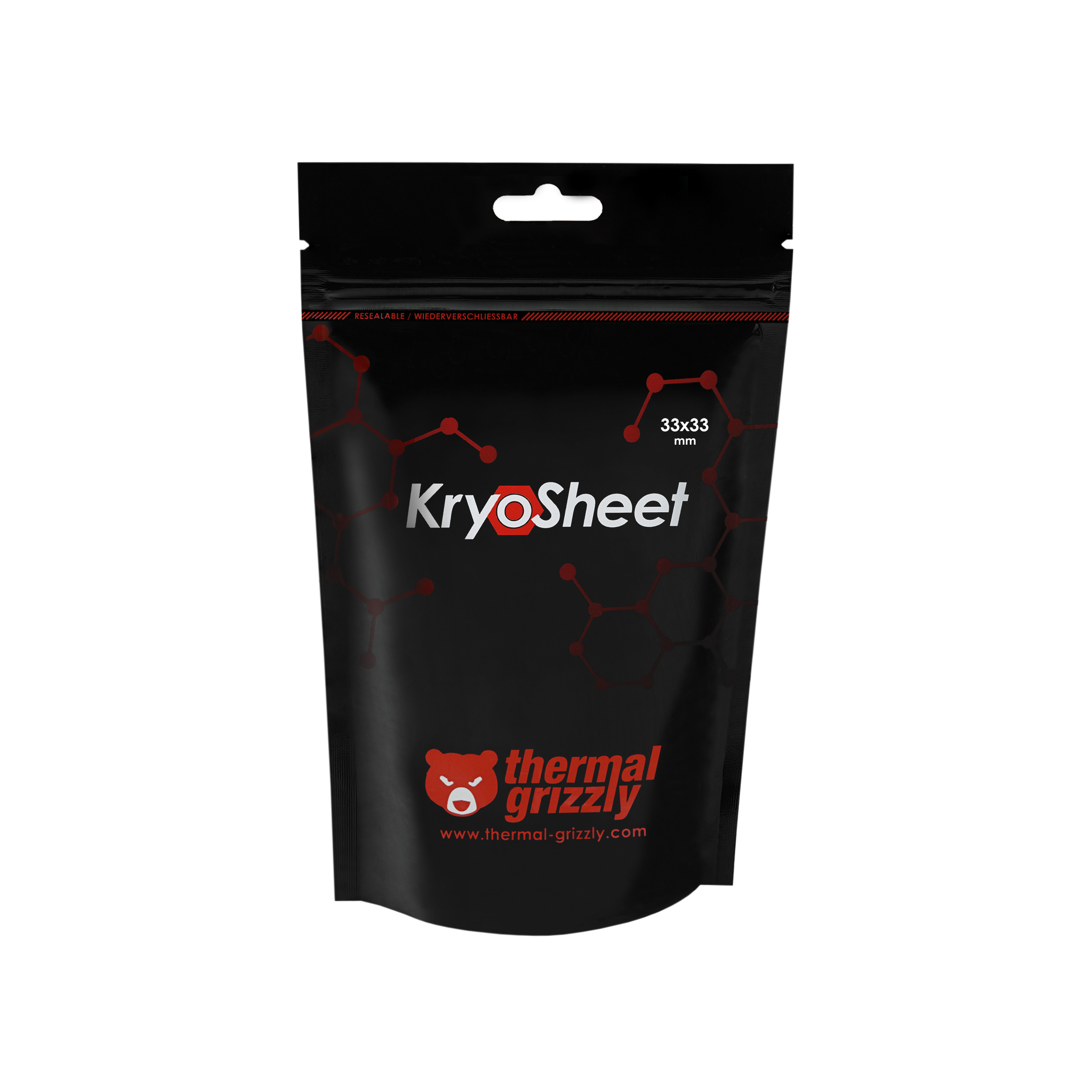Paquete negro KryoSheet con texto rojo y logotipo de oso. Contiene 33x33mm. Fondo blanco.