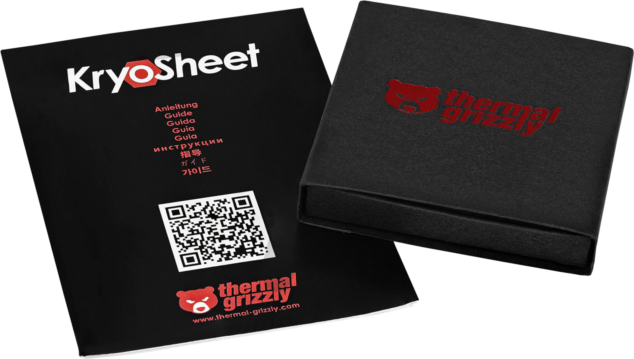 Caja negra y manual con texto rojo y blanco. La caja dice 'thermal grizzly'. El manual dice 'KryoSheet'.