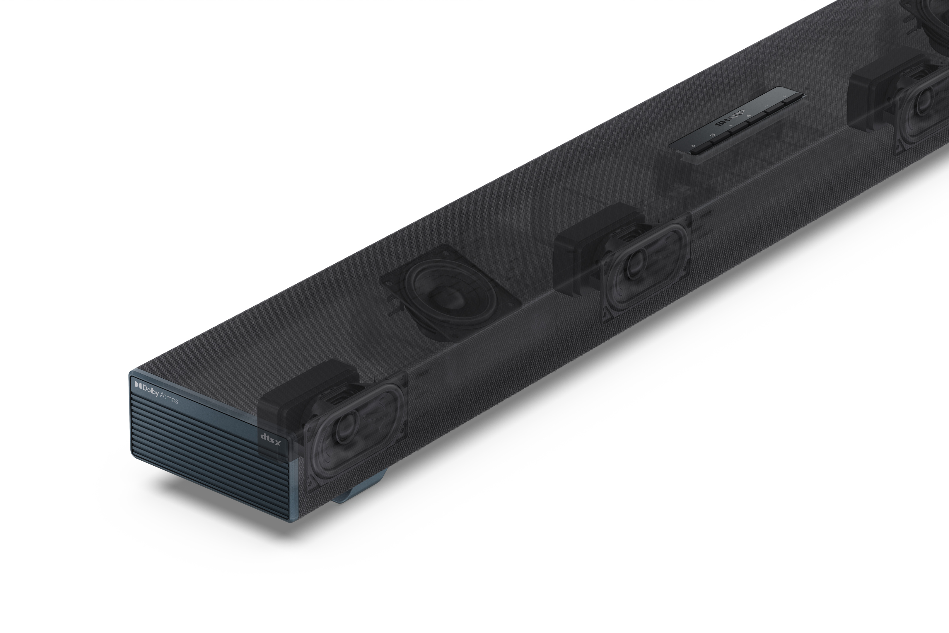 Eine Soundbar mit sichtbaren Lautsprechern. Sie ist schwarz mit einem blau-grauen Ende. Logos sind Dolby Atmos und DTS:X.