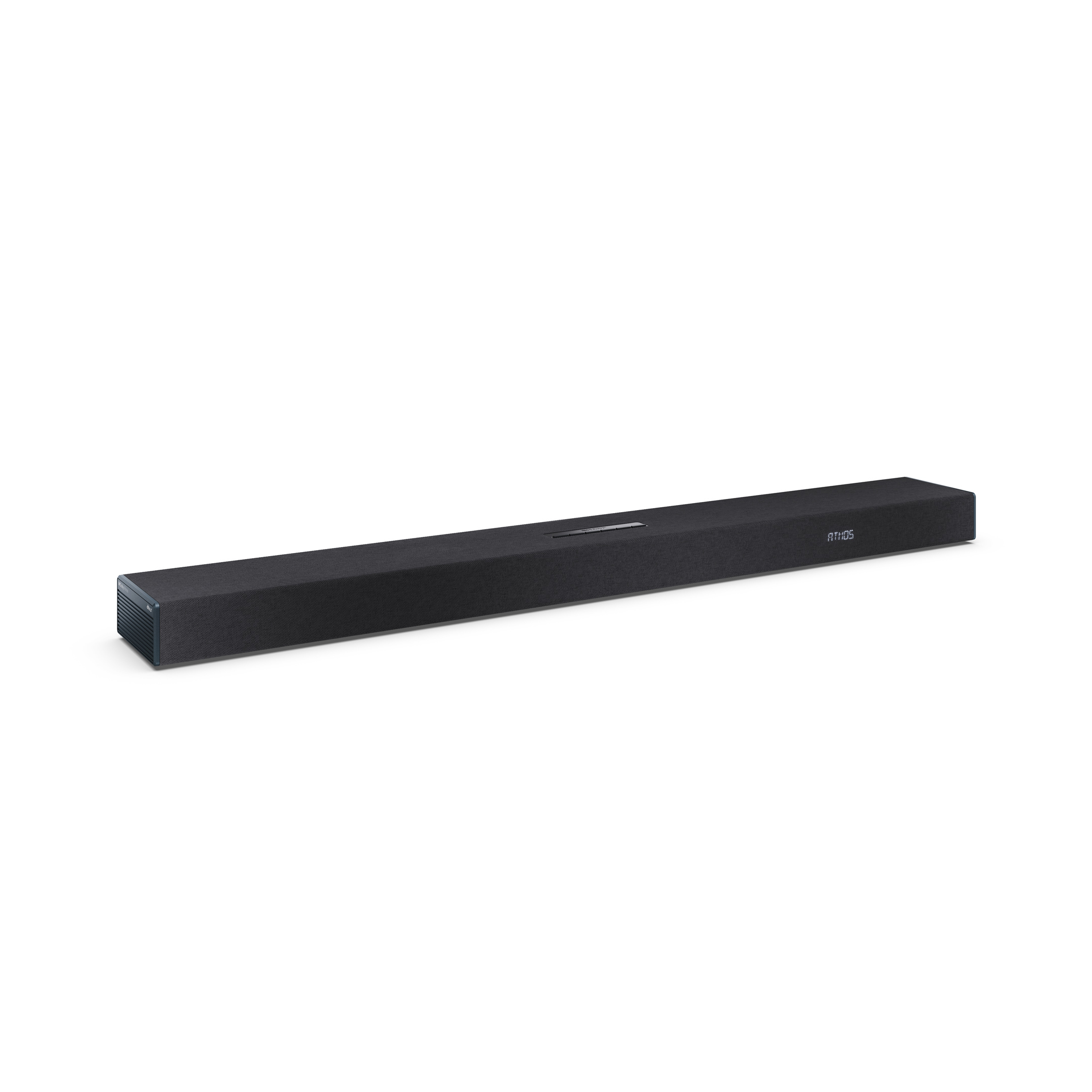 Eine lange, schwarze Soundbar mit einem dunkelblauen Ende. Das Wort 'ATMOS' ist auf der rechten Seite sichtbar. Es ist vor weißem Hintergrund.