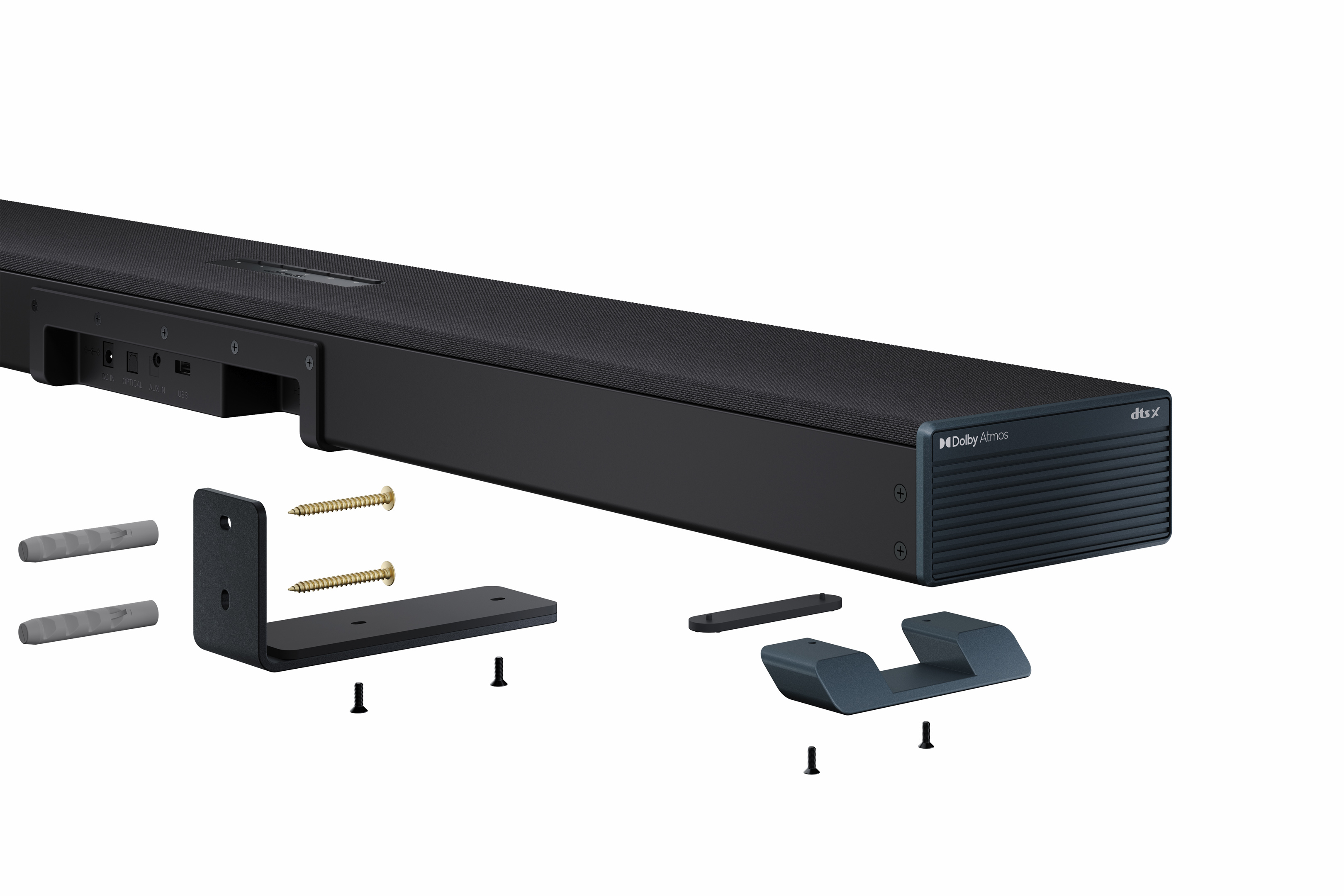 Eine schwarze Soundbar mit Befestigungsmaterial. Zubehör umfasst Halterungen, Schrauben und Wandanker.