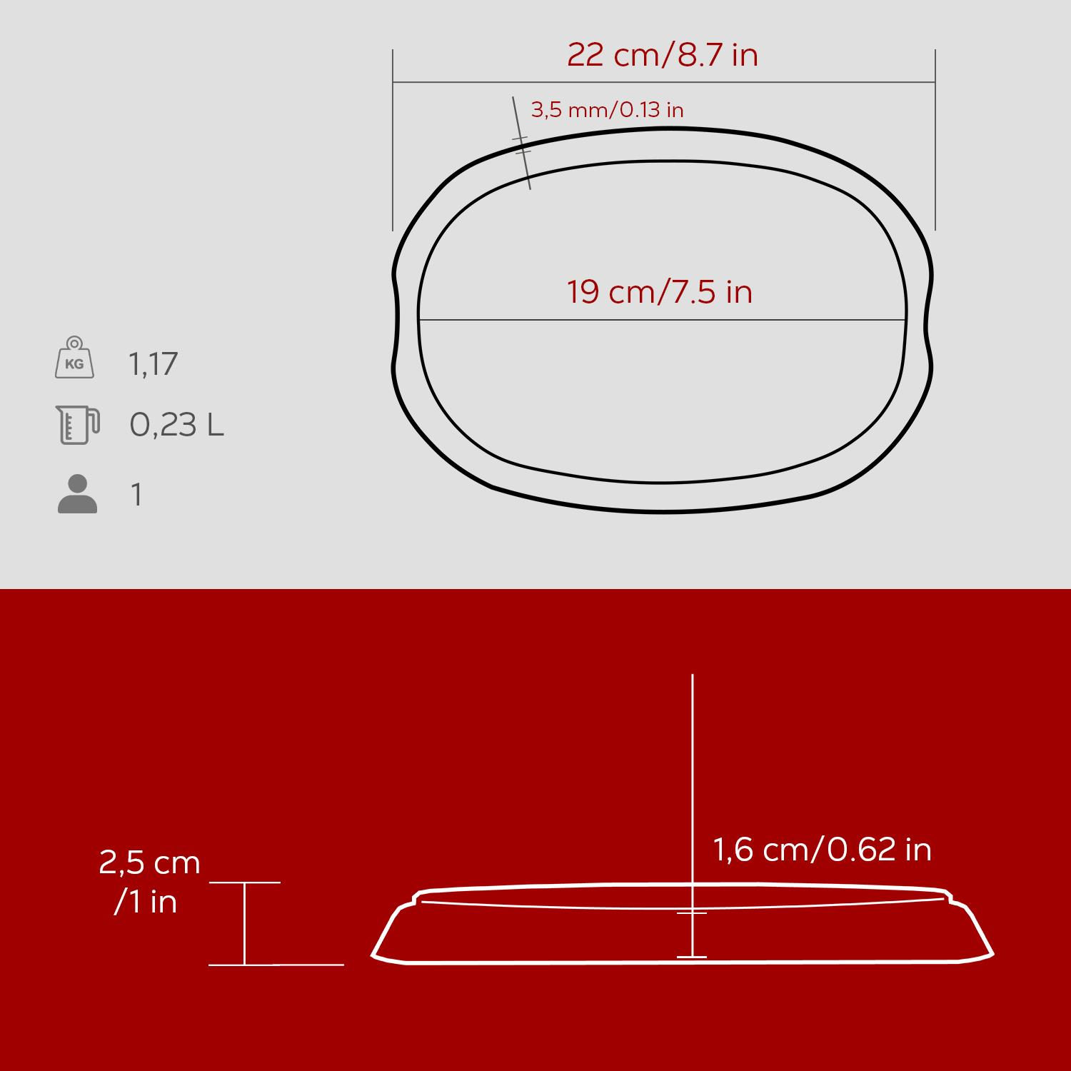 Oval evcil hayvan kabı diyagramı. Boyutlar cm ve inç cinsinden belirtilmiştir. Ağırlık, hacim ve miktar da belirtilmiştir.