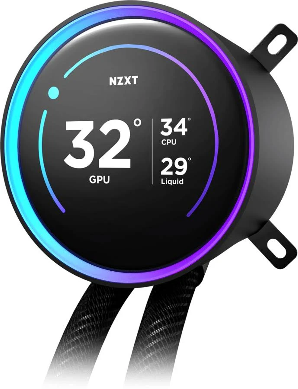 Chłodzenie cieczą NZXT z wyświetlaczem pokazującym GPU w 32°C, CPU w 34°C i ciecz w 29°C. Czarne i niebieskie akcenty.