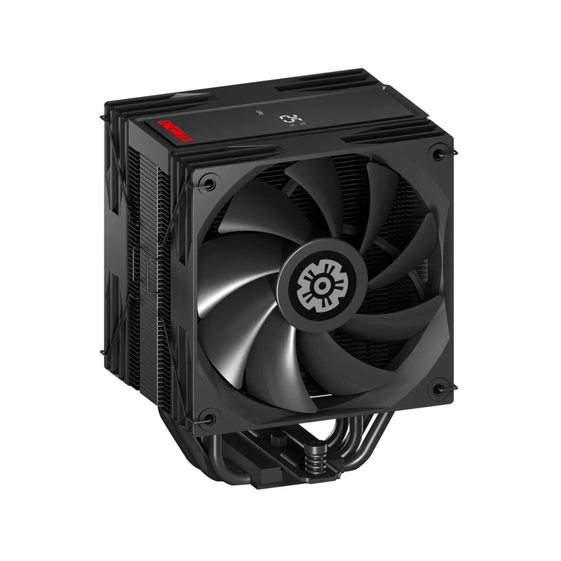 Un dissipatore CPU nero con ventola. Ha alette, tubi e il marchio. La ventola ha sette pale.
