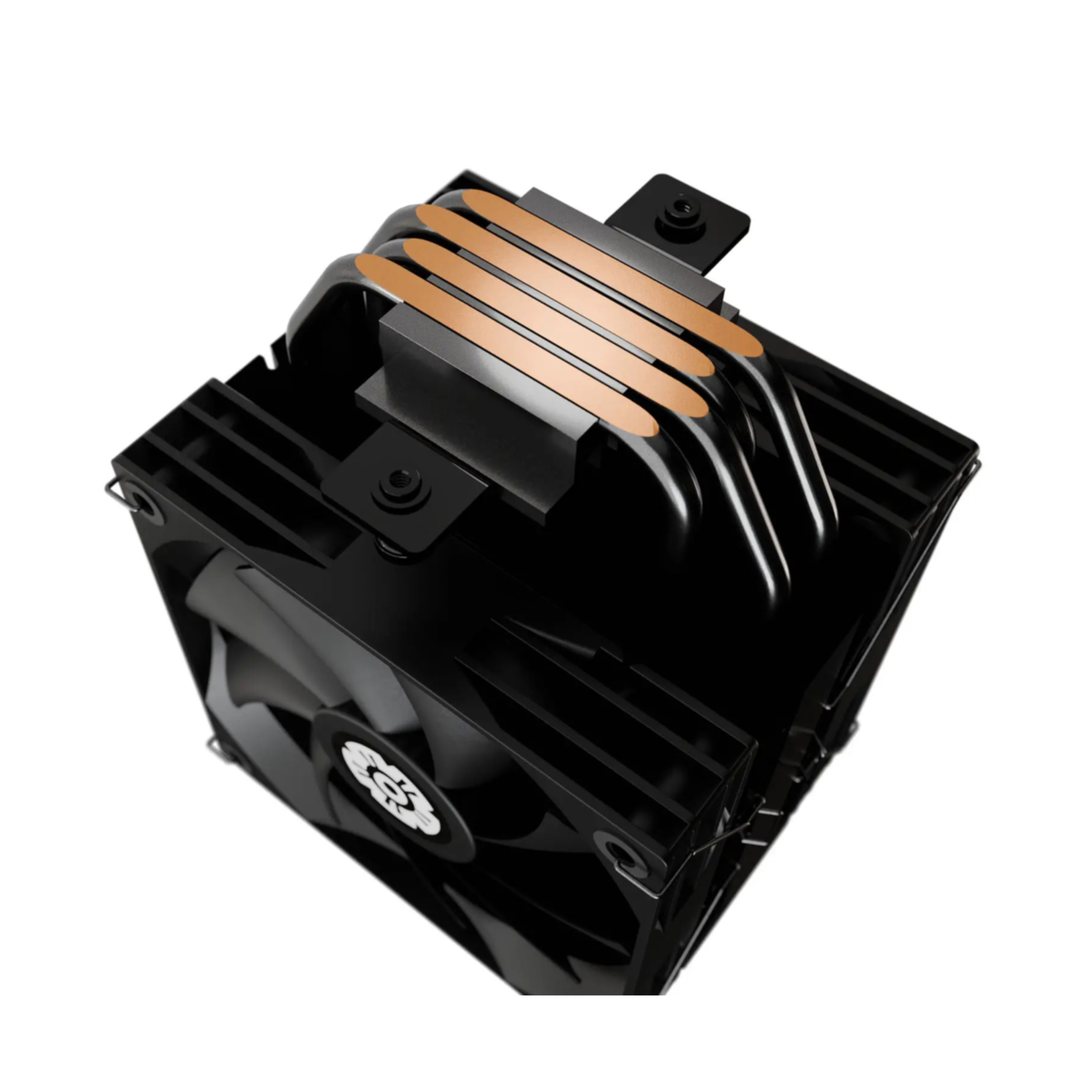 Un dissipatore CPU nero con tubi di calore in rame e una ventola. Il dissipatore è su sfondo bianco.