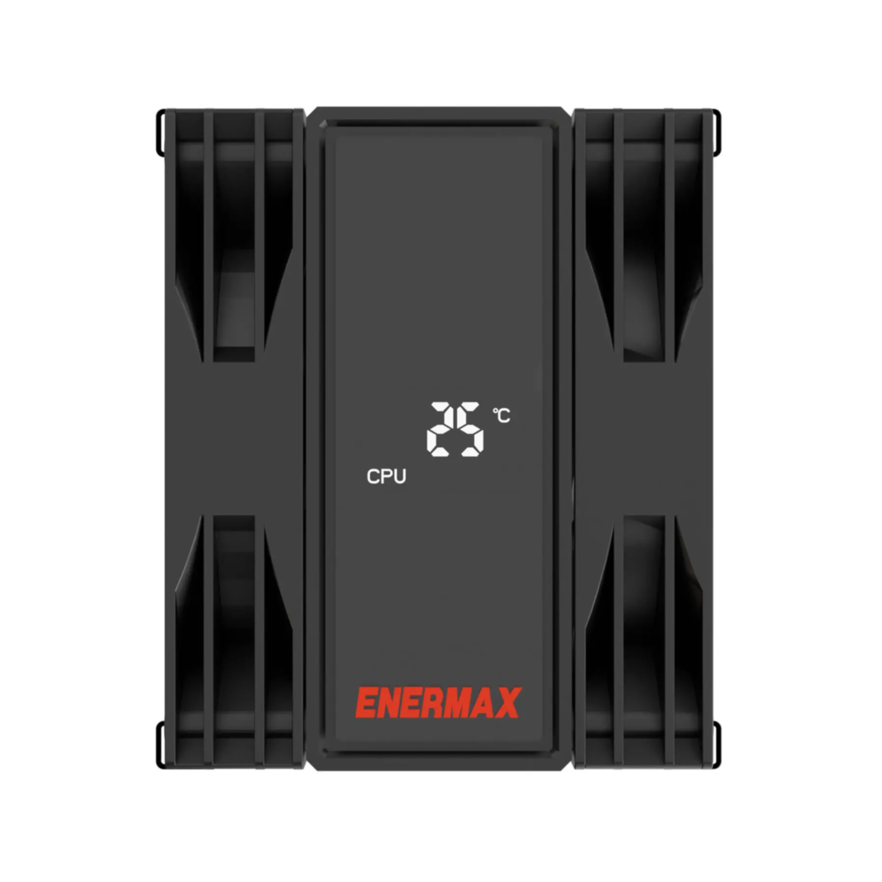 Dissipatore CPU nero con la scritta ENERMAX in rosso. Mostra 25°C. Quattro ventole ai lati.