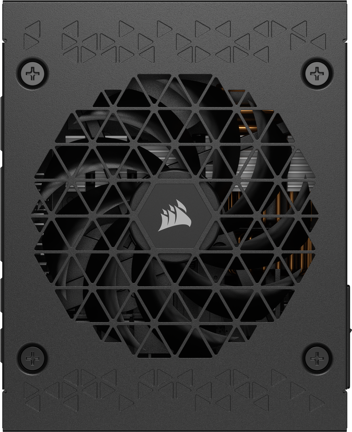 Czarny zasilacz komputerowy. Wentylator widoczny pośrodku, a logo Corsair w centrum.