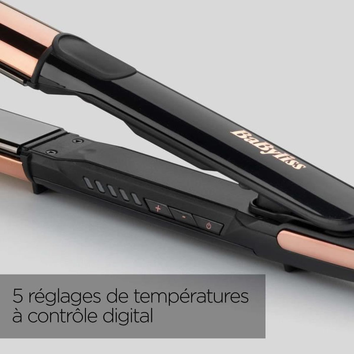 Piastra per capelli Babyliss nera e oro rosa. Con pannello di controllo digitale e impostazioni della temperatura. Testo: 5 impostazioni.