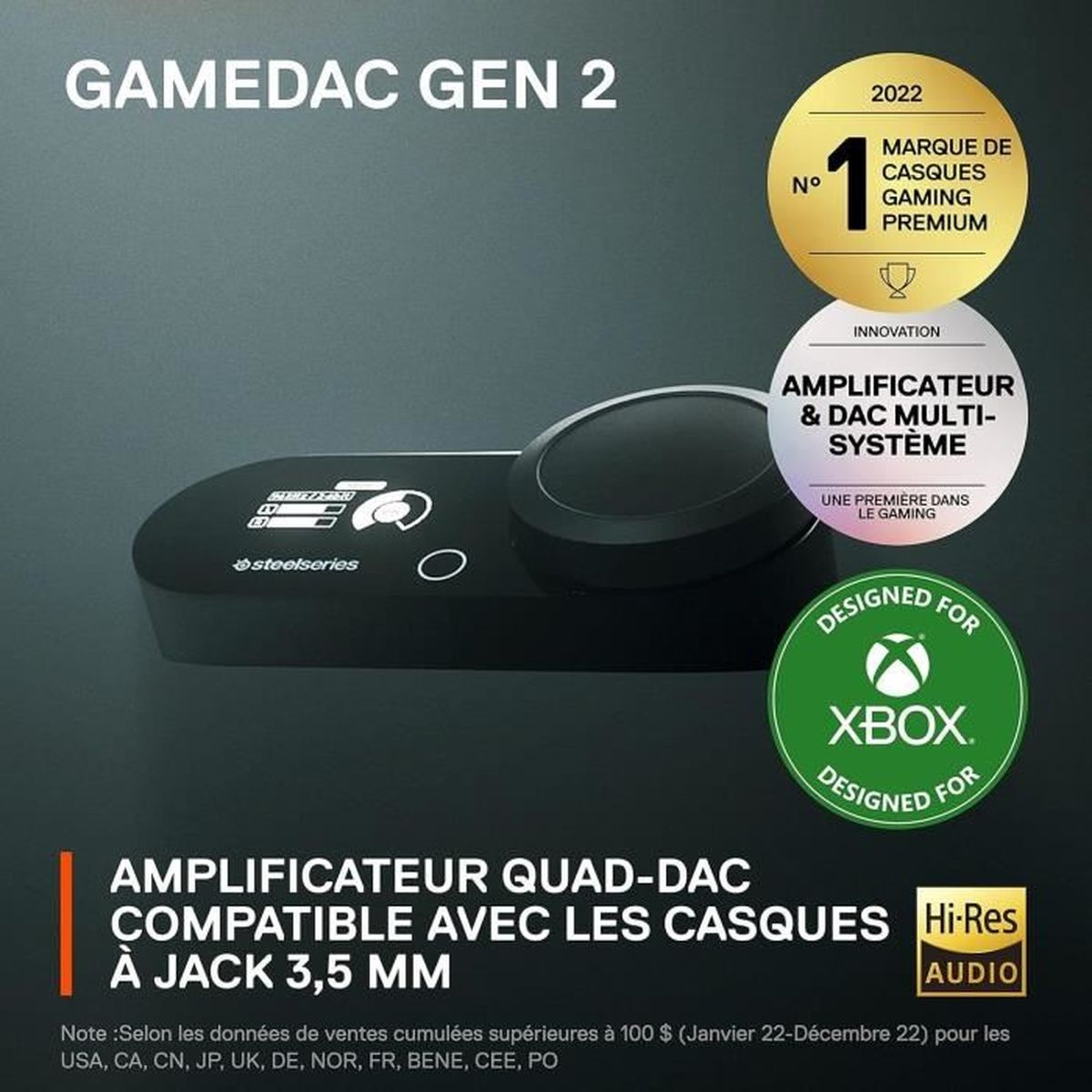 Dispositivo audio nero con testo bianco, etichette oro e verdi e la scritta 'GAMEDAC GEN 2'.