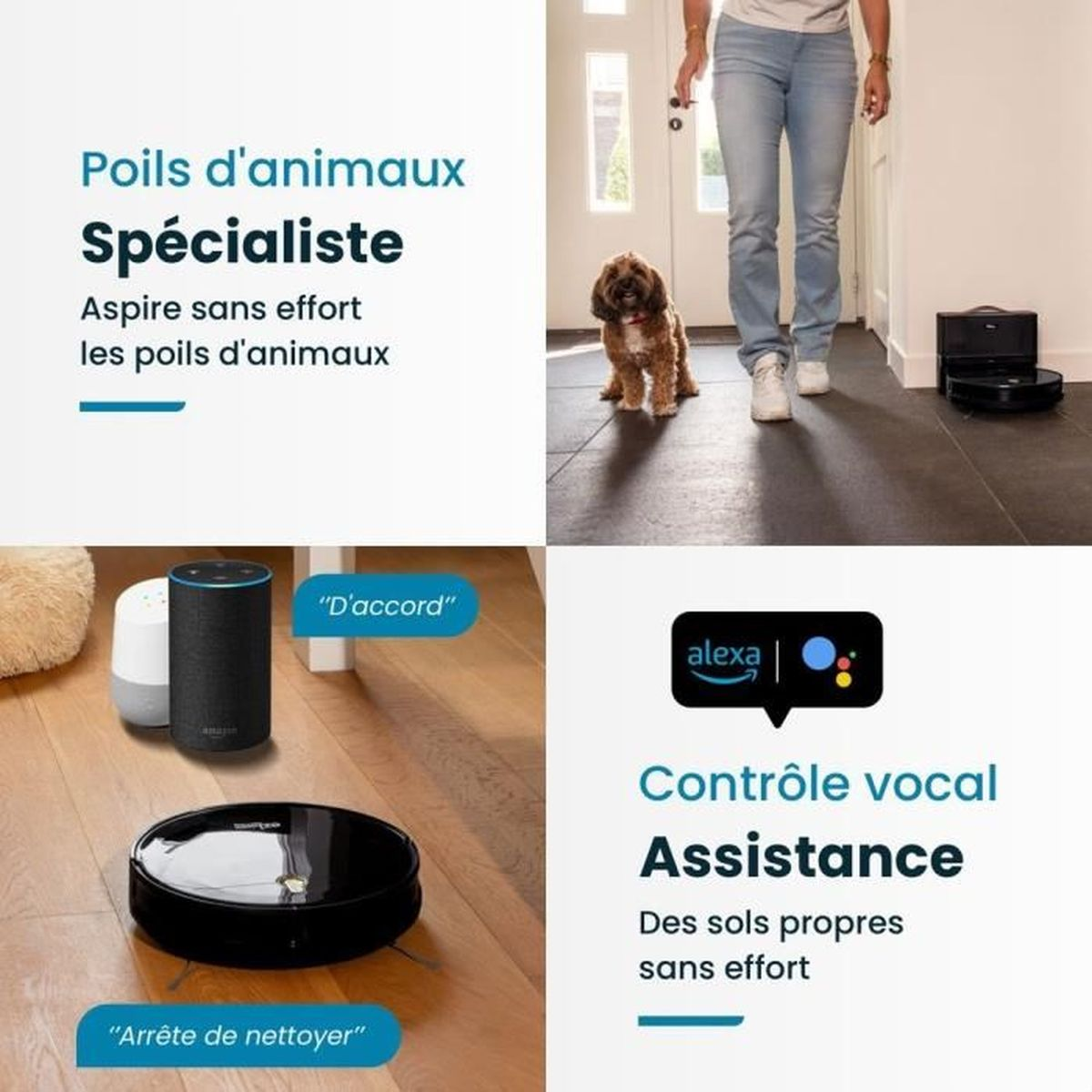 Kobieta idzie w kierunku kamery, pies stoi blisko drzwi. Obecny jest również odkurzacz robot i dwa inteligentne głośniki.