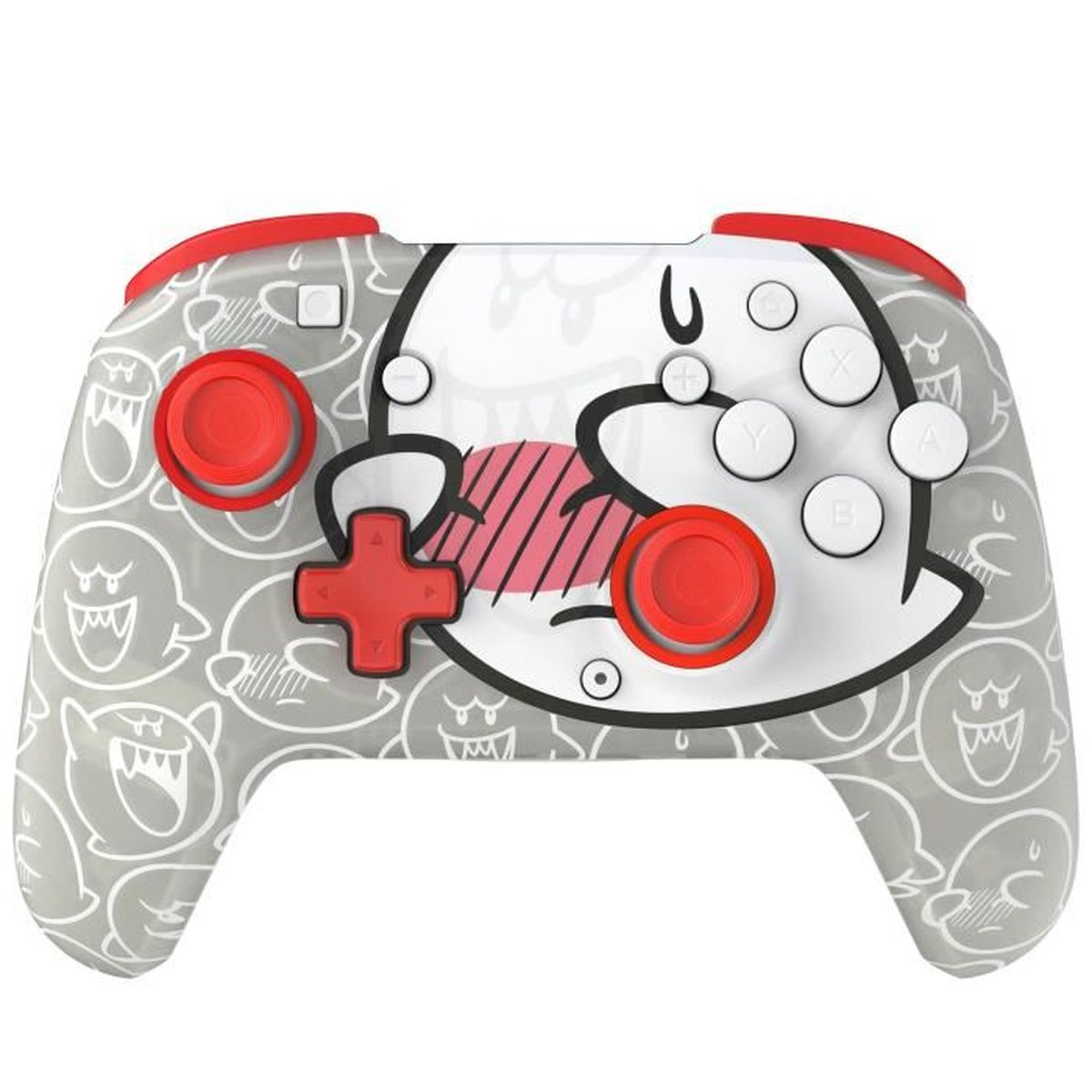 Un controller di gioco grigio con un design Boo. Presenta pulsanti rossi e una faccia di Boo al centro. Sono visibili dettagli bianchi e rossi.