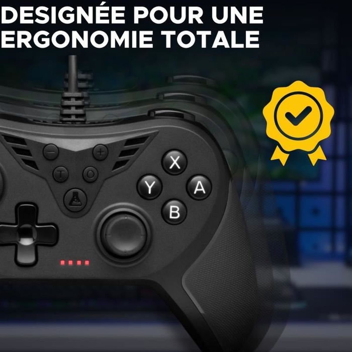 Controlador de juego negro con botones X, Y, A, B. Una insignia dorada con una marca de verificación está a la derecha.